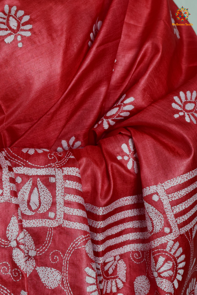 Rima - Red Tusser Silk Saree with Kantha Embroidery