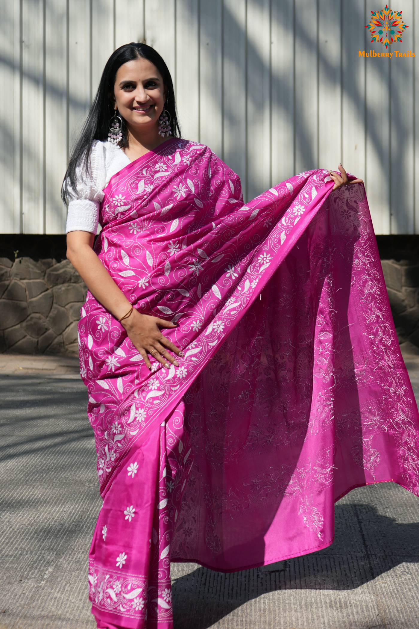 Koyna - Art Silk Kantha Embroidery Saree Pink