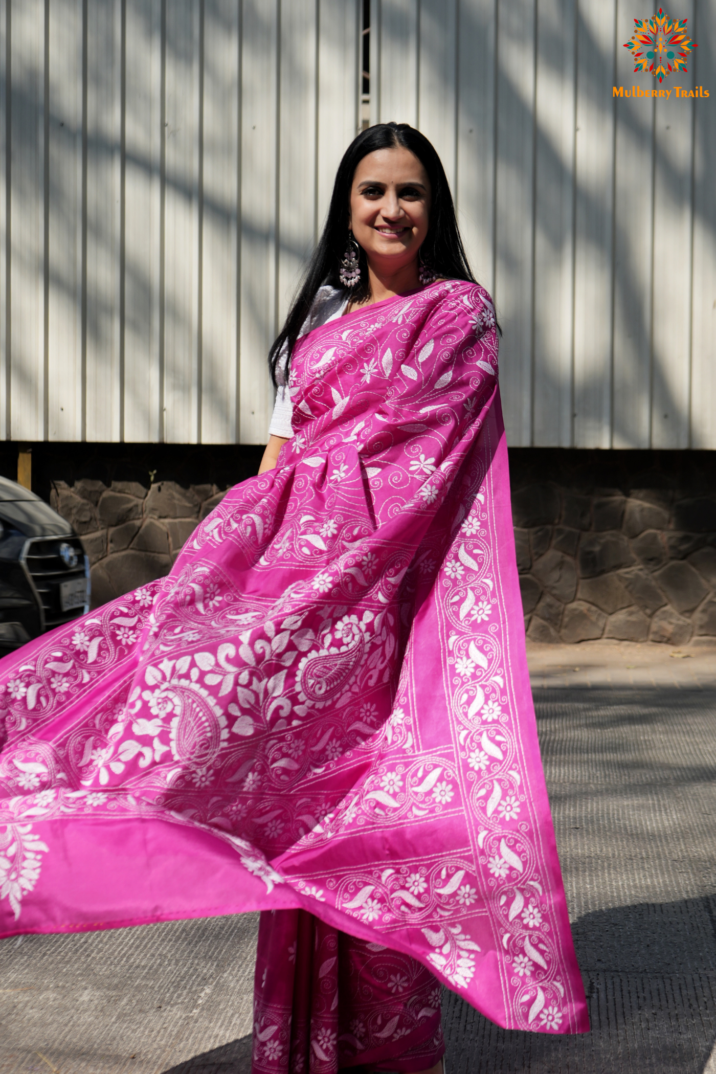 Koyna - Art Silk Kantha Embroidery Saree Pink