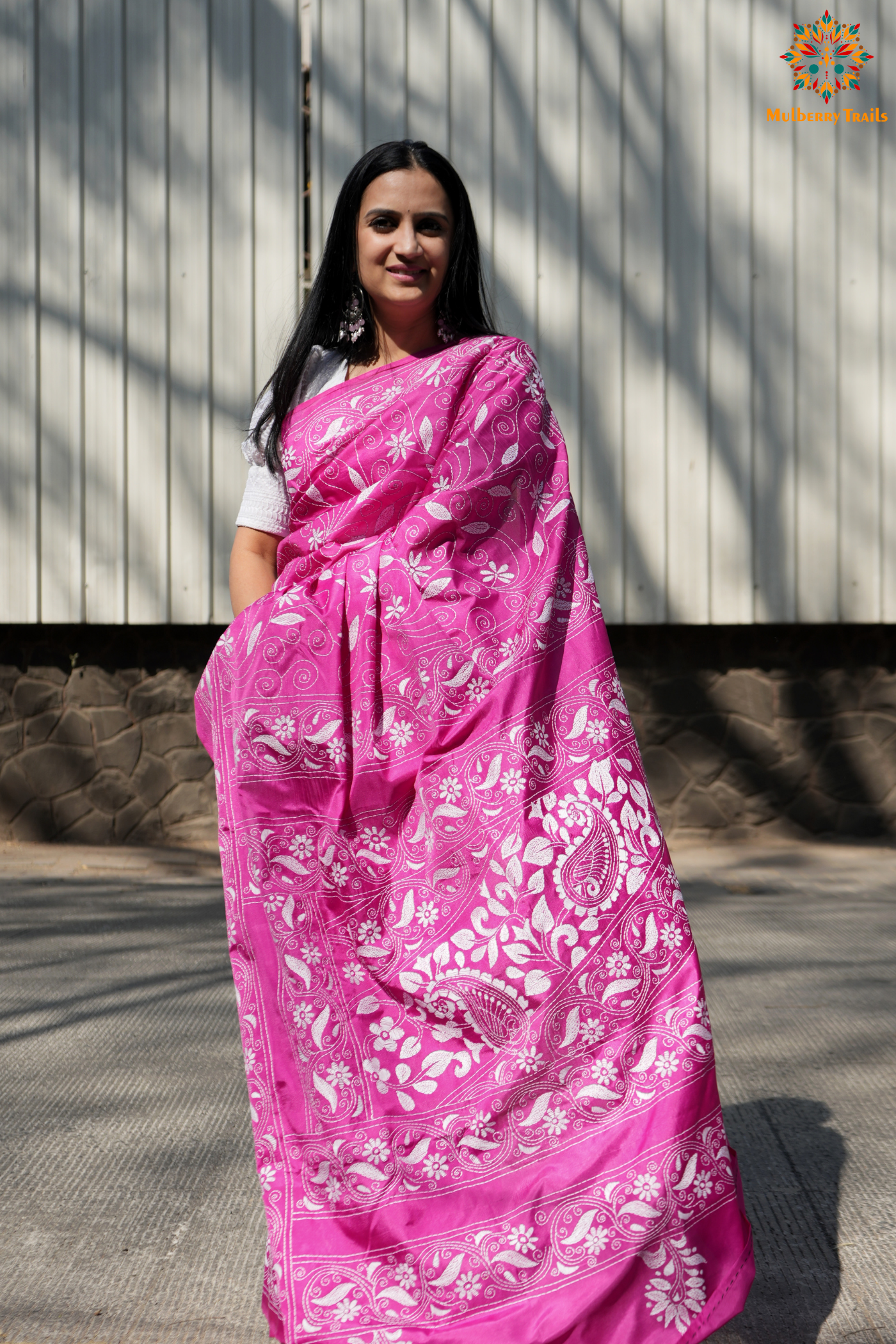 Koyna - Art Silk Kantha Embroidery Saree Pink