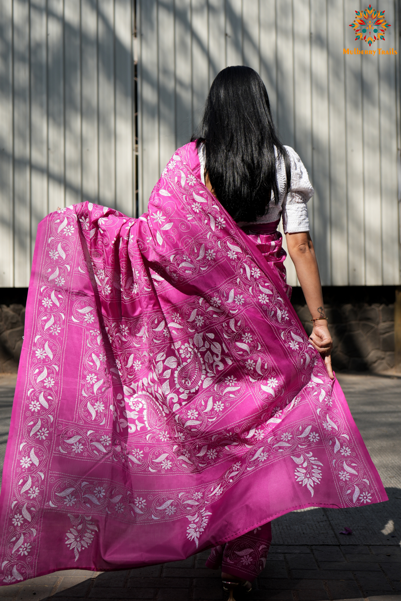 Koyna - Art Silk Kantha Embroidery Saree Pink