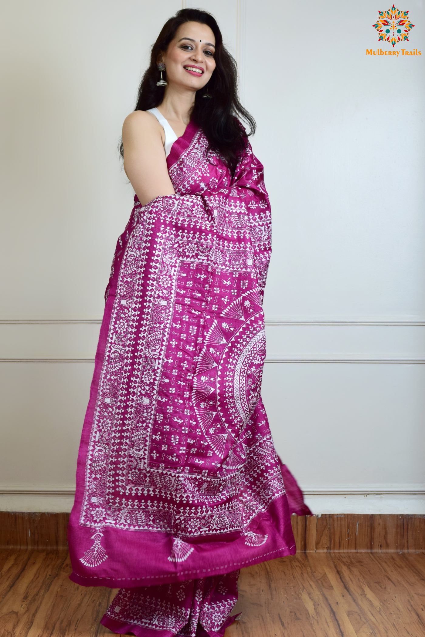 Rima - Pink Bangalore Silk Saree with Warli Embroidery Saree
