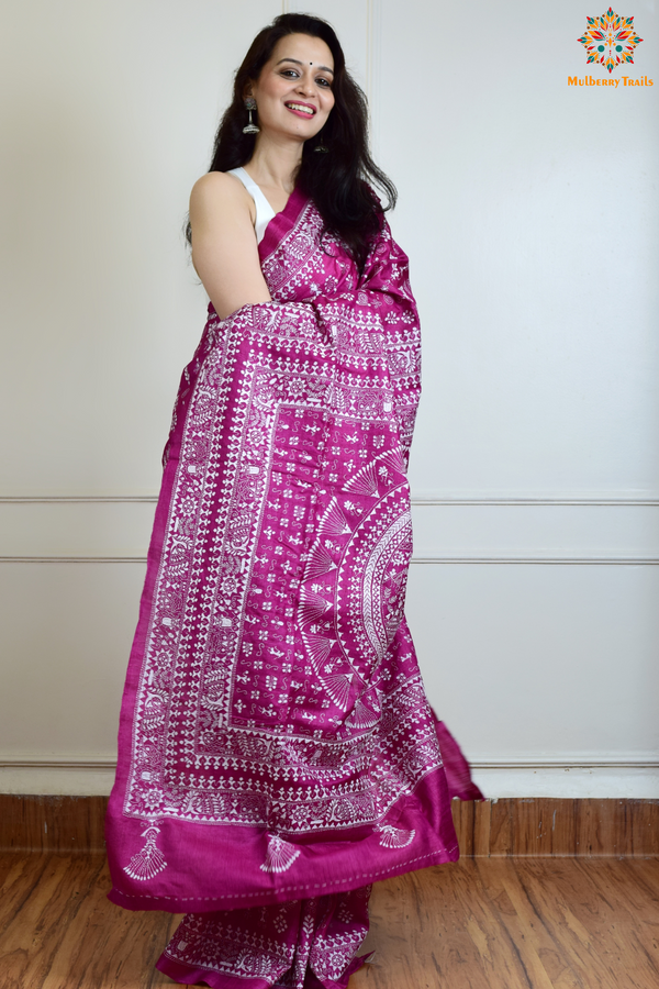 Rima - Pink Tusser Silk Saree with Warli Embroidery Saree