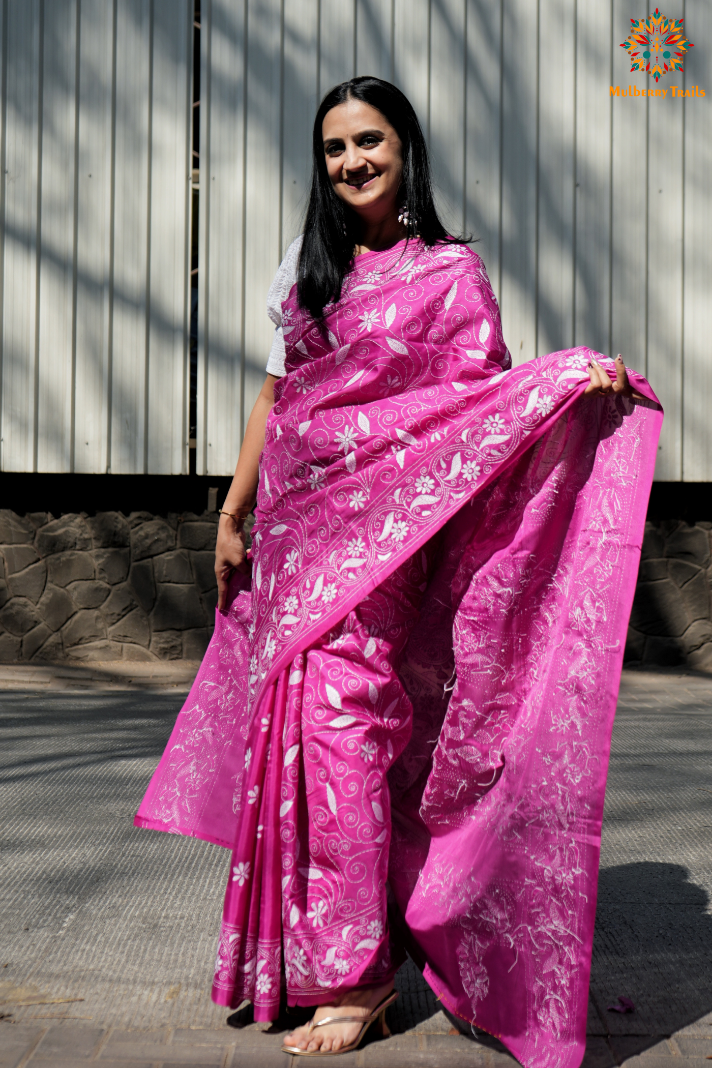 Koyna - Art Silk Kantha Embroidery Saree Pink