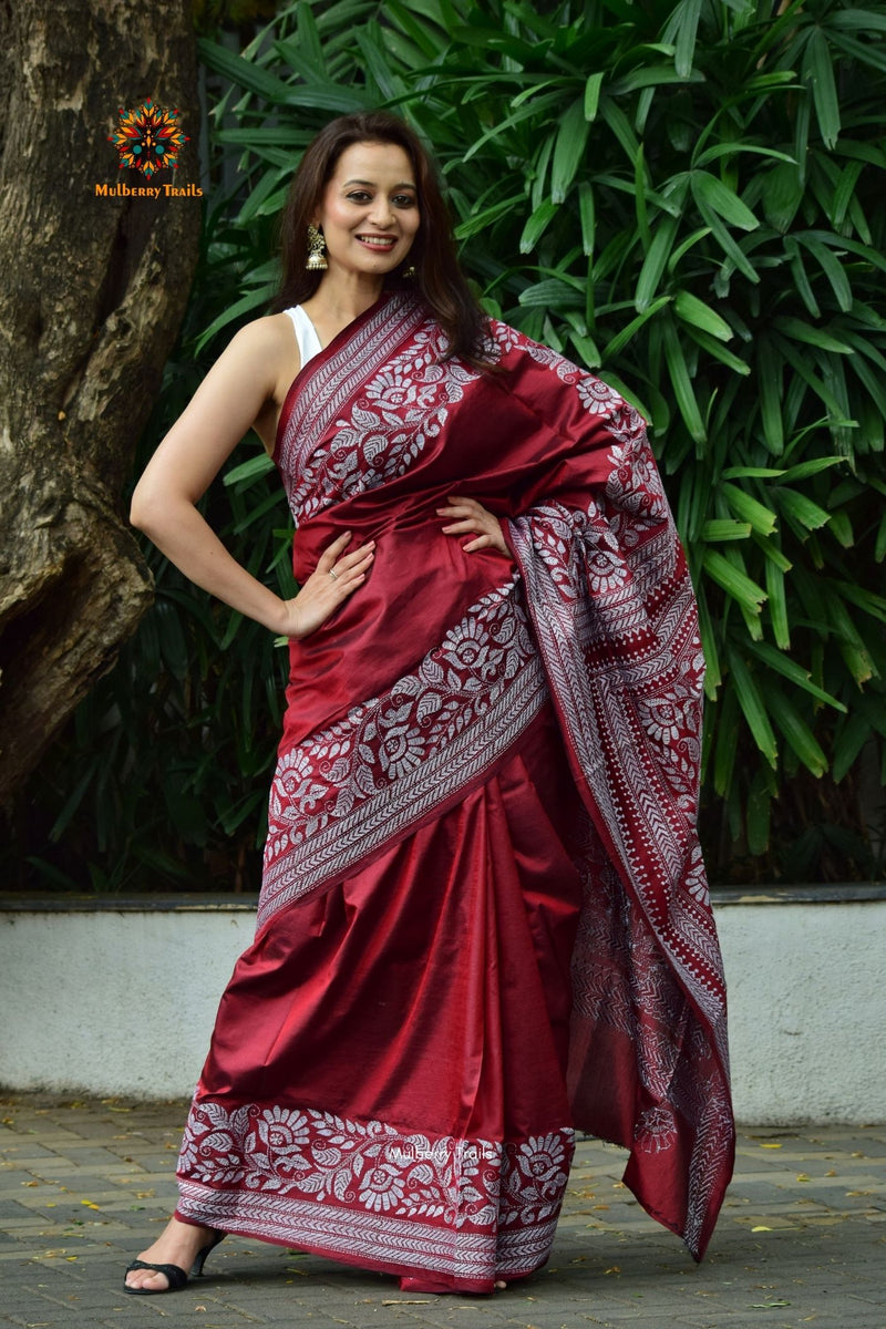 Rima - Maroon Bangalore Silk Saree with allover Floral Kantha Embroidery