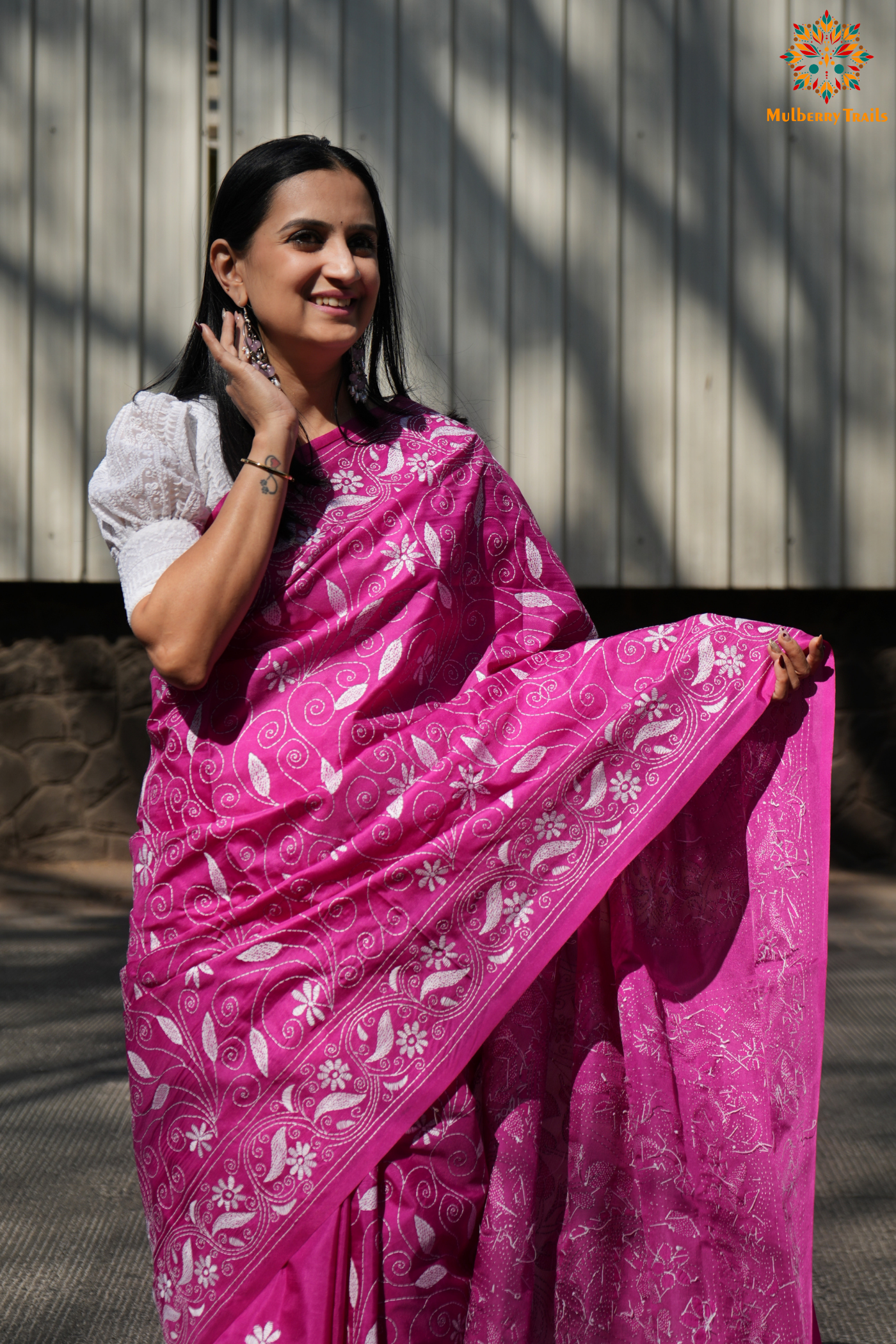 Koyna - Art Silk Kantha Embroidery Saree Pink