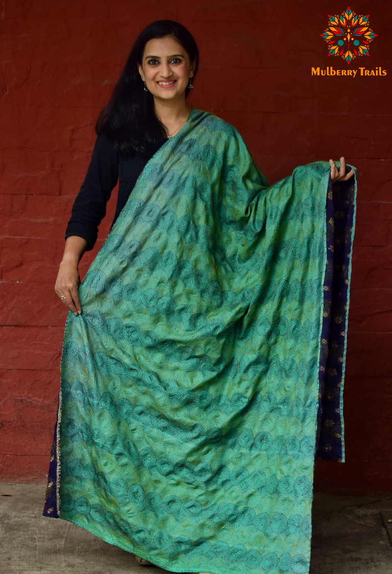Hand Embroidered Kantha Dupatta - Navy Cyan