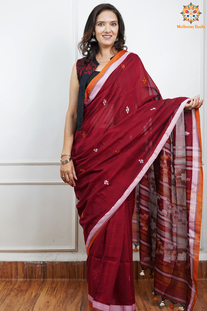 Cotton Handloom Saree
Pure Cotton Saree with for office wear. 
Model is wearing cotton saree for office, day outing, casual wear. 
Handloom saree, handloom mark, handwoven saree
Luxury Pure cotton Saree
Premium Sarees for office wear. sankranti, govt festivals, formal occassions, army events