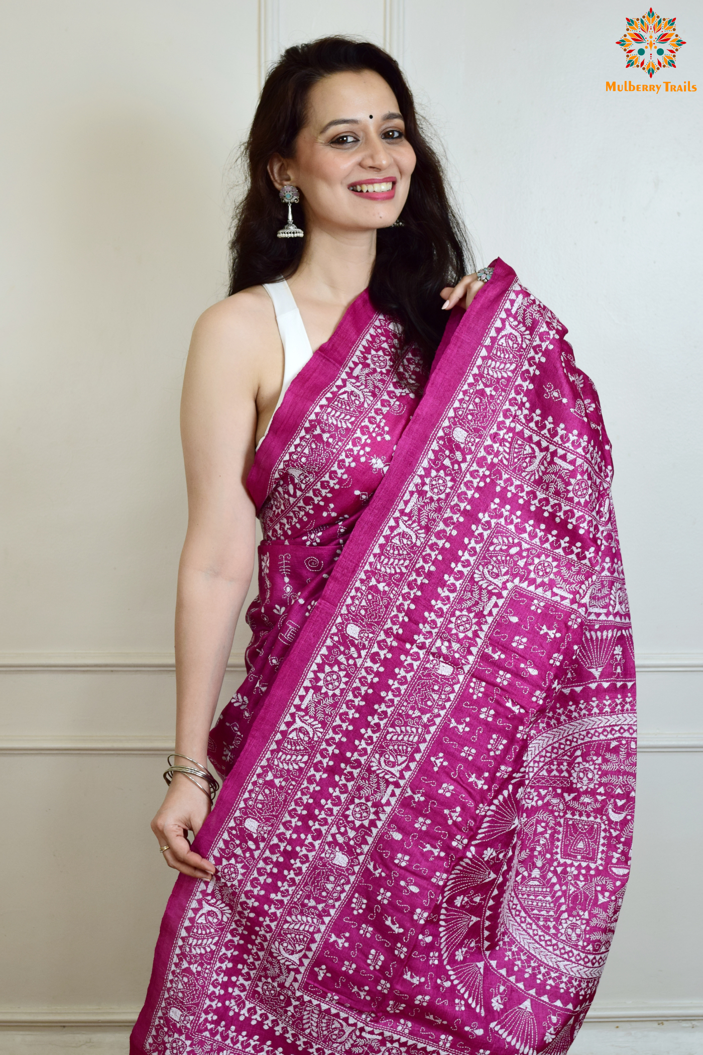 Rima - Pink Bangalore Silk Saree with Warli Embroidery Saree