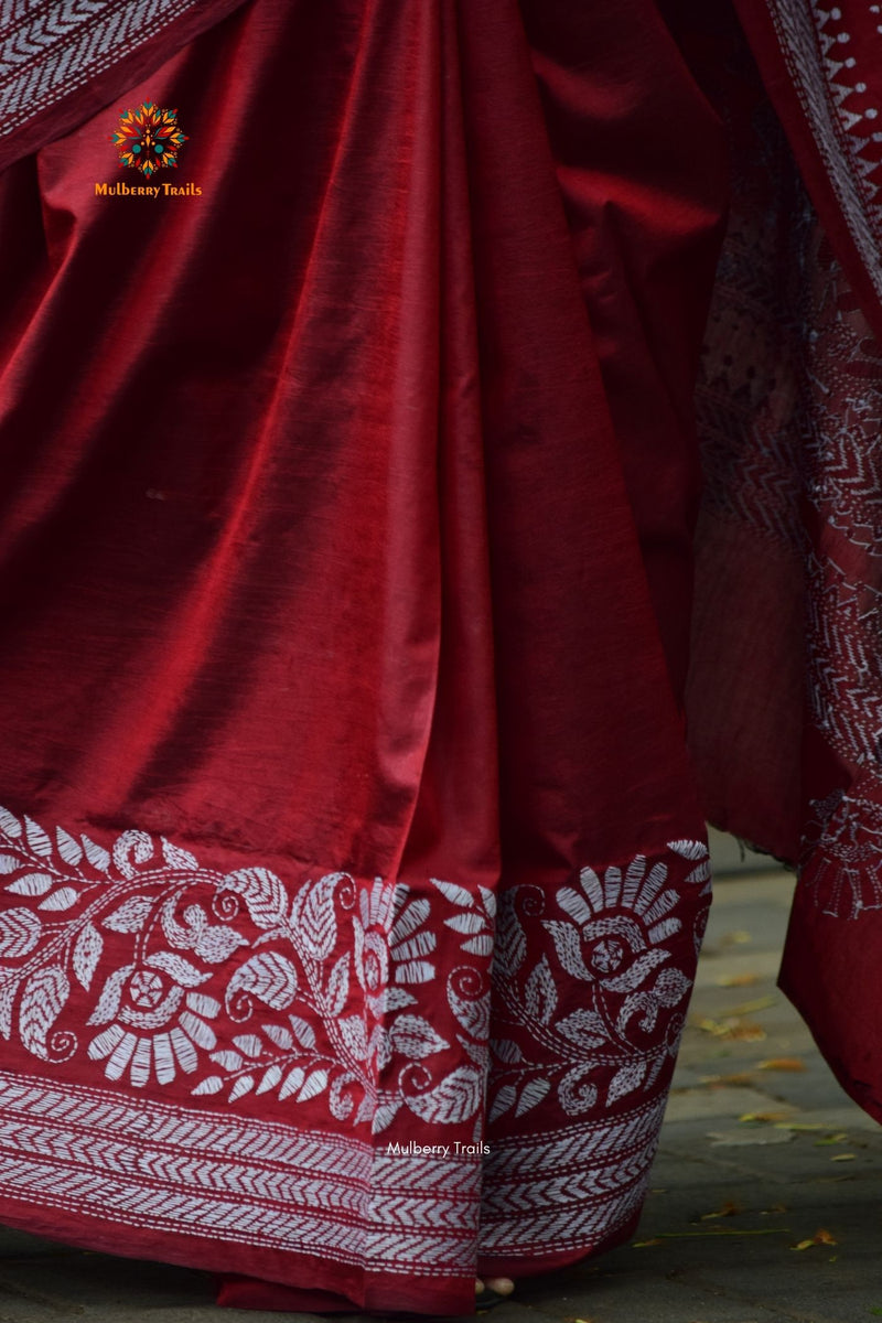 Rima - Maroon Bangalore Silk Saree with allover Floral Kantha Embroidery