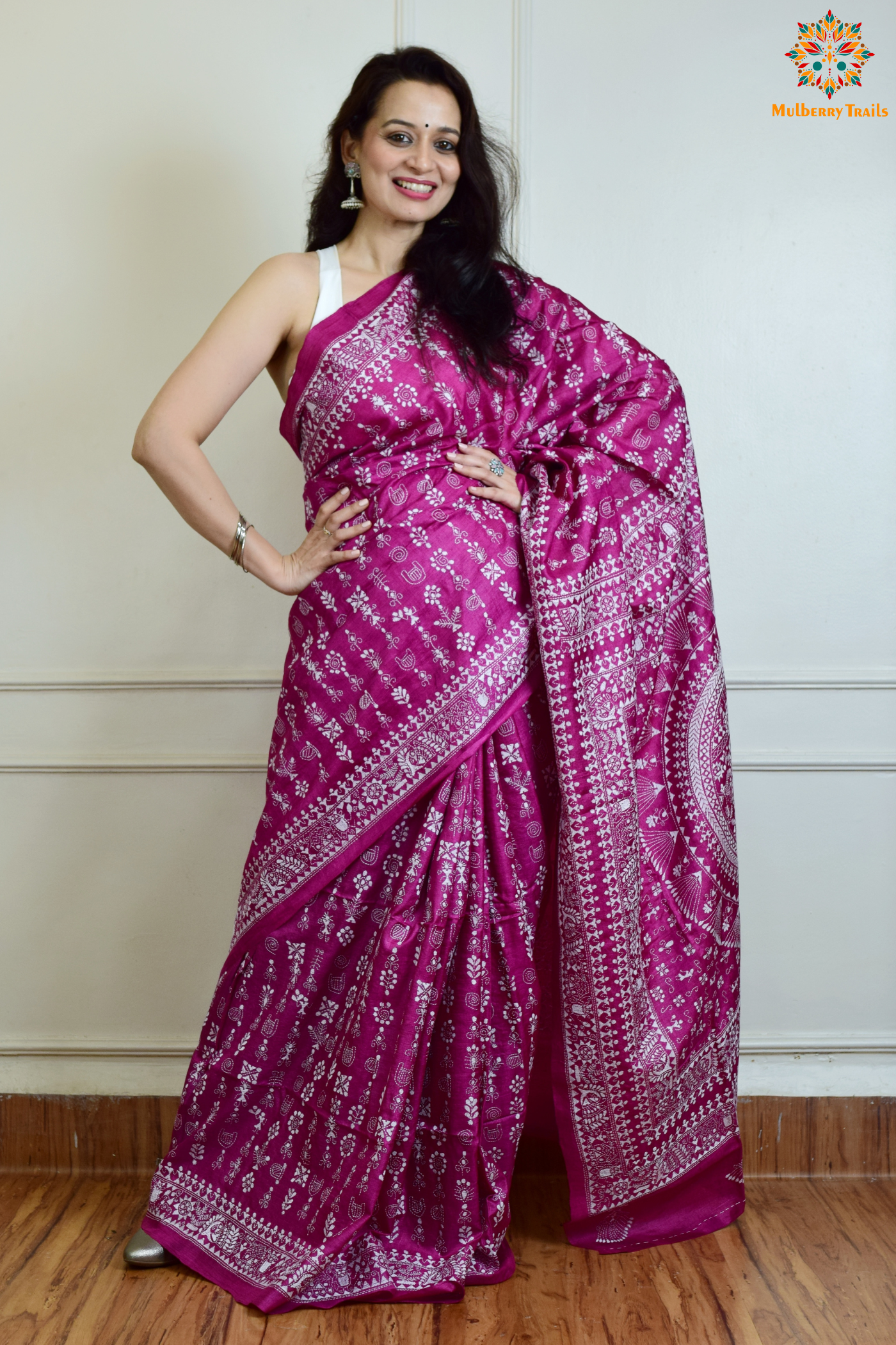 Rima - Pink Bangalore Silk Saree with Warli Embroidery Saree
