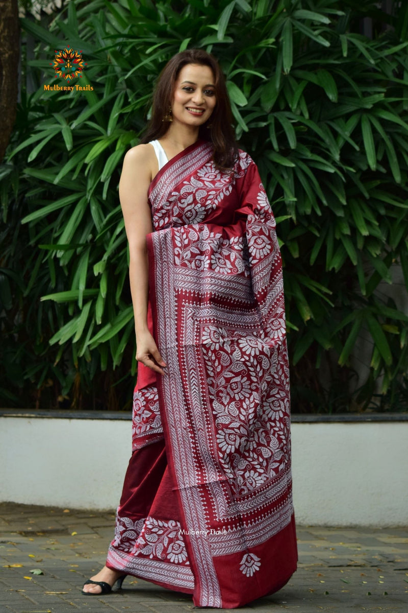 Rima - Maroon Bangalore Silk Saree with allover Floral Kantha Embroidery