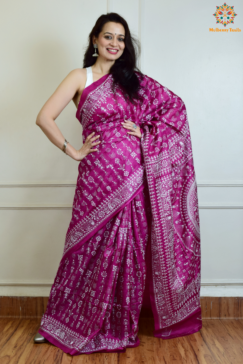 Rima - Pink Tusser Silk Saree with Warli Embroidery Saree