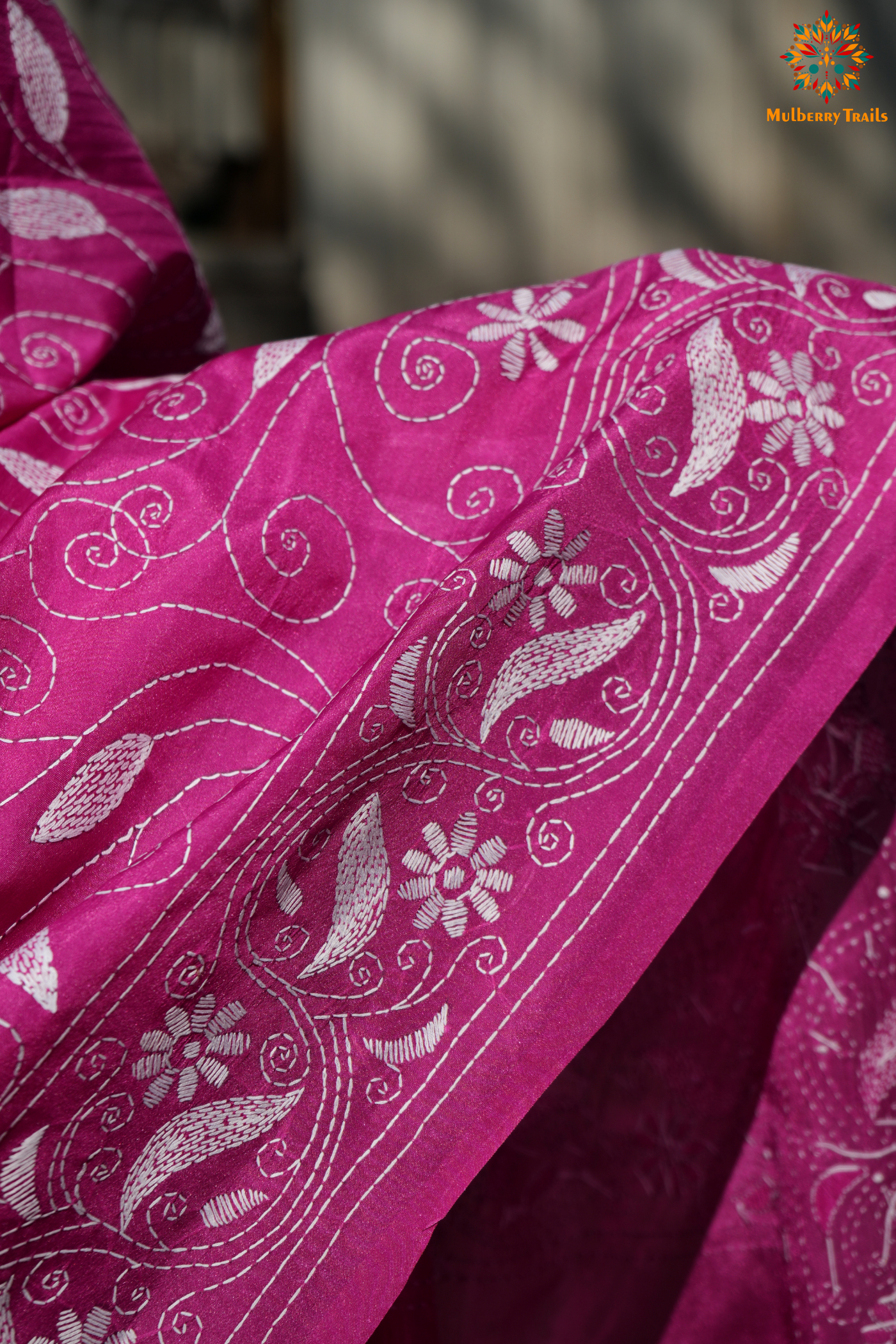 Koyna - Art Silk Kantha Embroidery Saree Pink