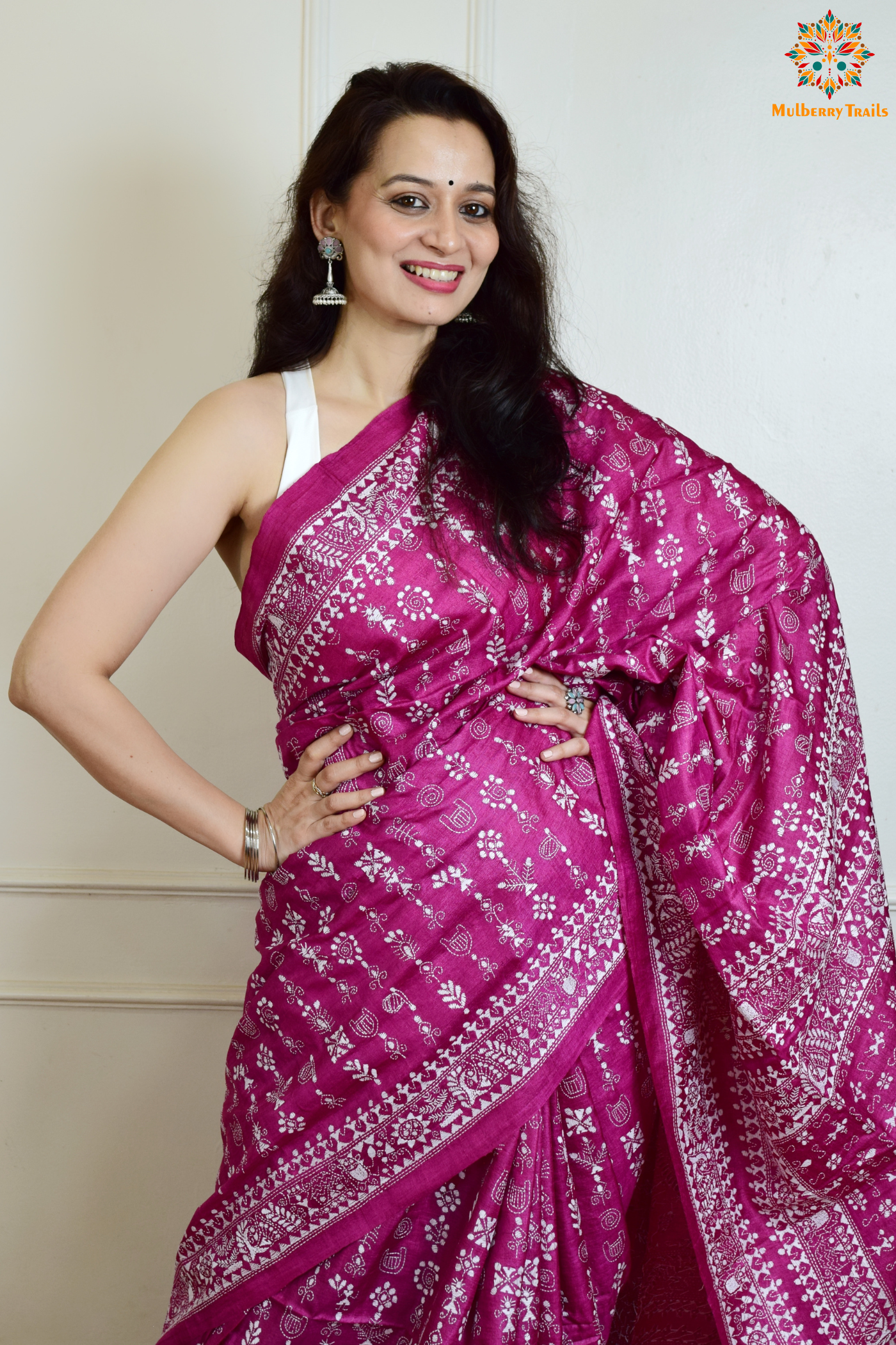 Rima - Pink Bangalore Silk Saree with Warli Embroidery Saree