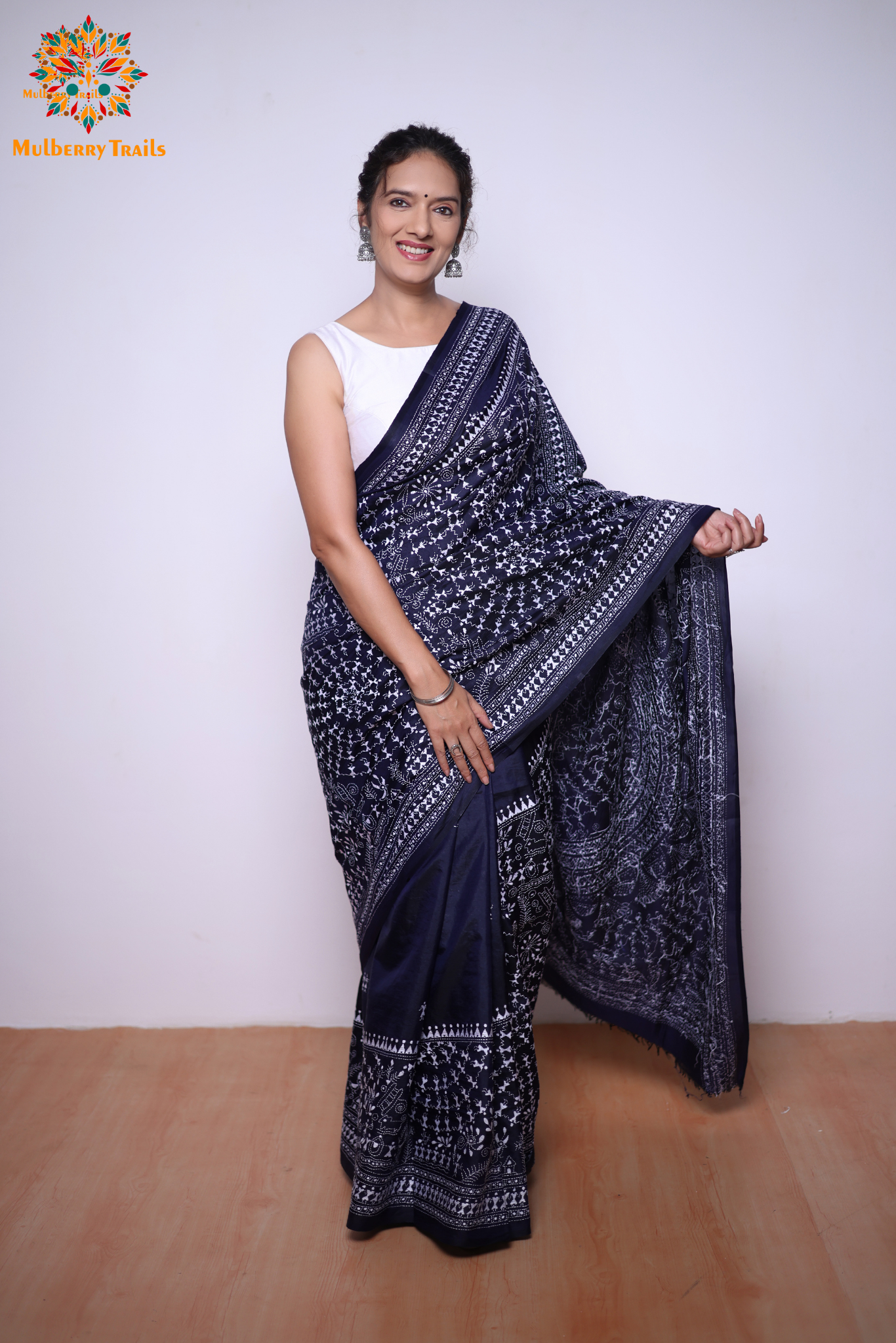 Rima - Navy Silk Saree with kantha Embroidery