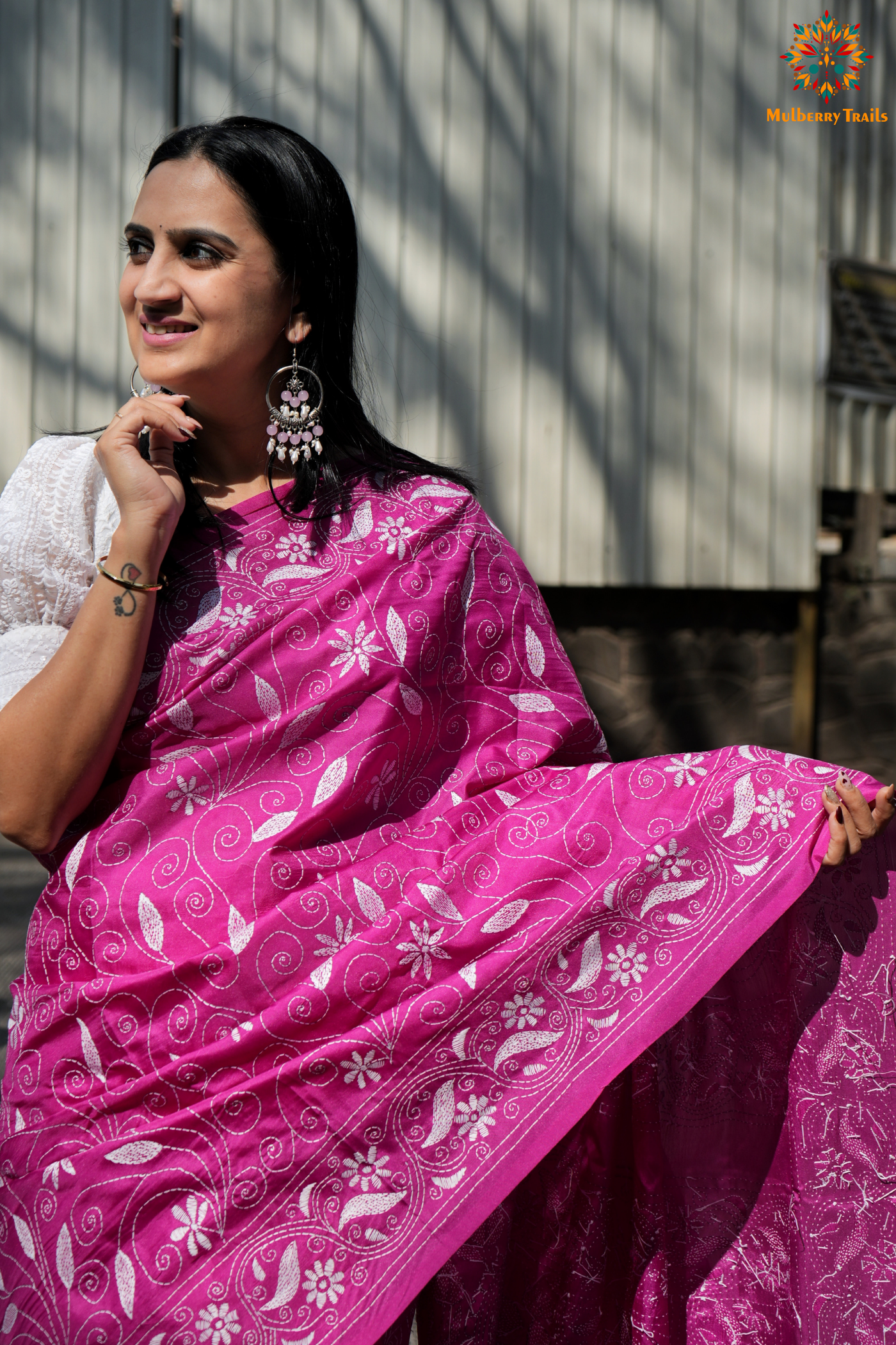 Koyna - Art Silk Kantha Embroidery Saree Pink