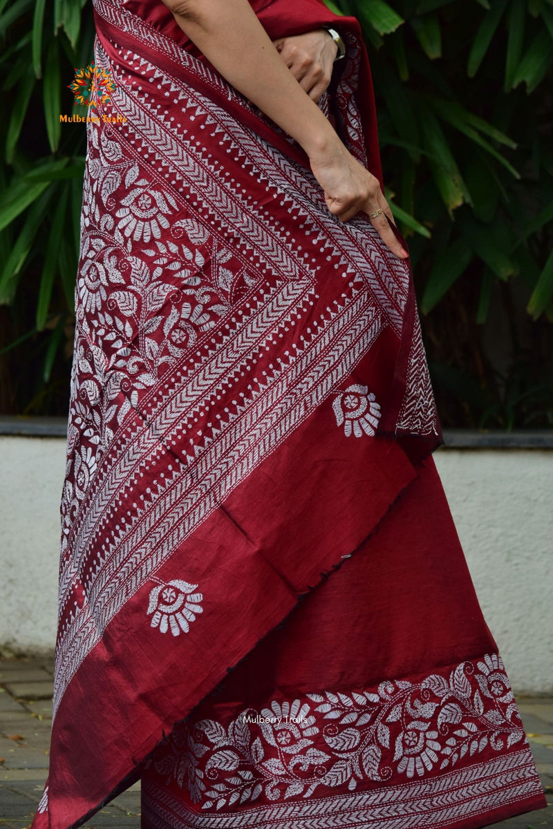 Rima - Maroon Bangalore Silk Saree with allover Floral Kantha Embroidery