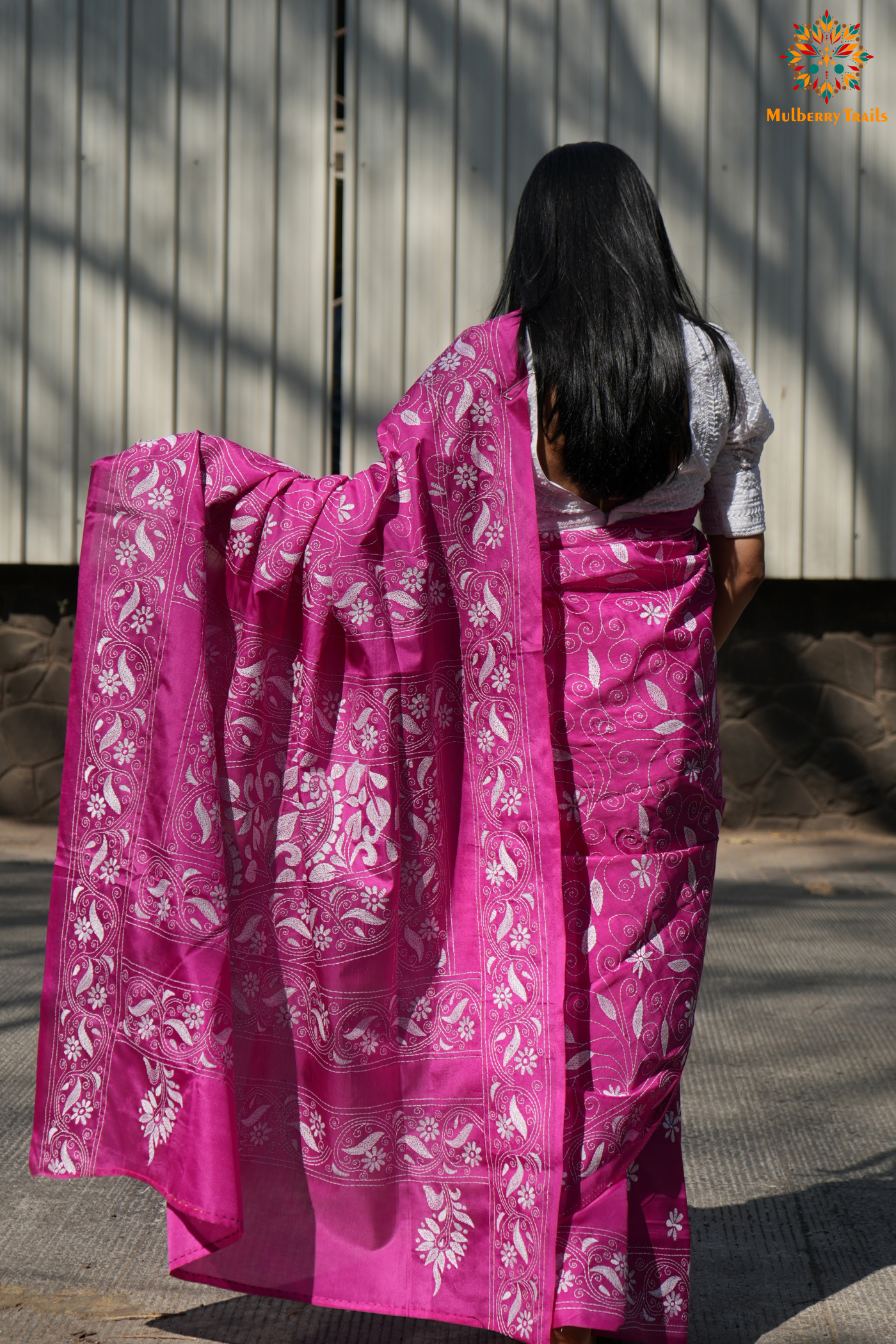 Koyna - Art Silk Kantha Embroidery Saree Pink