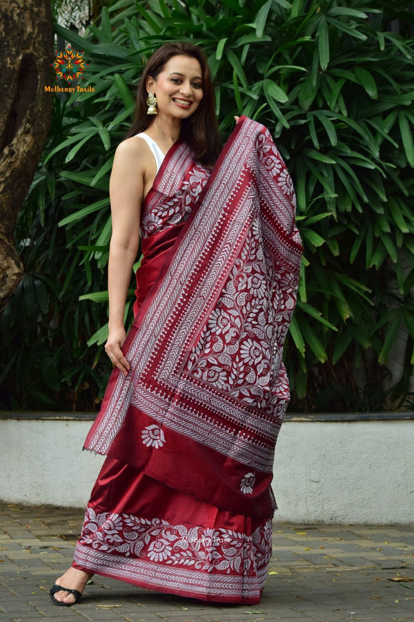 Rima - Maroon Bangalore Silk Saree with allover Floral Kantha Embroidery