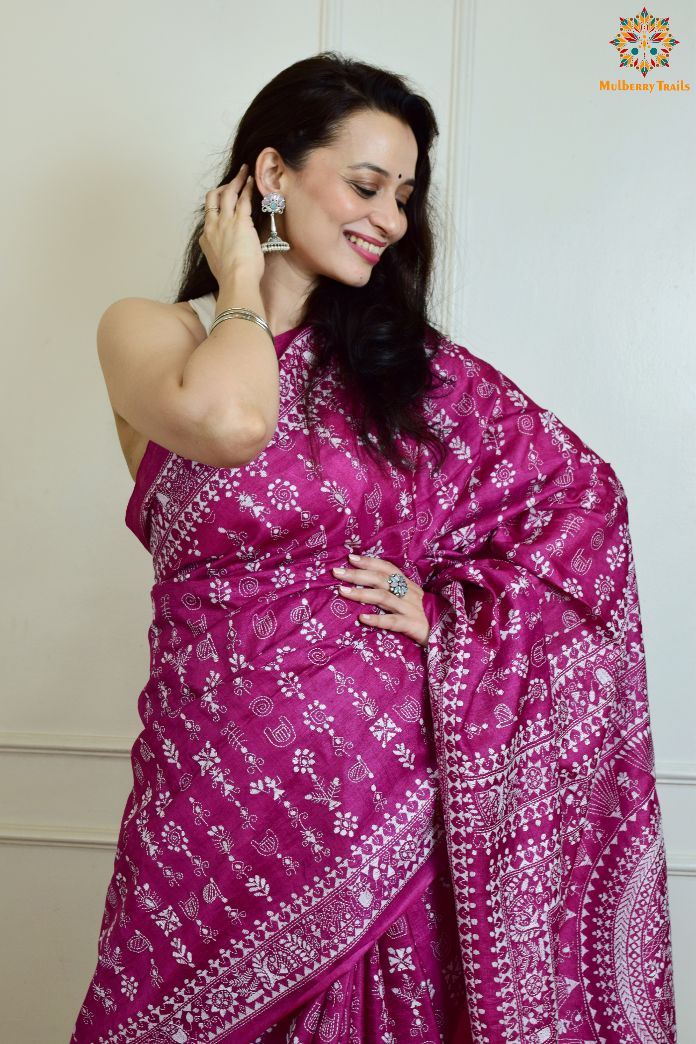 Rima - Pink Bangalore Silk Saree with Warli Embroidery Saree