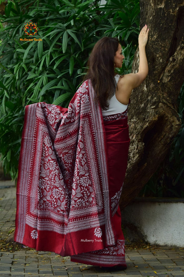 Rima - Maroon Bangalore Silk Saree with allover Floral Kantha Embroidery