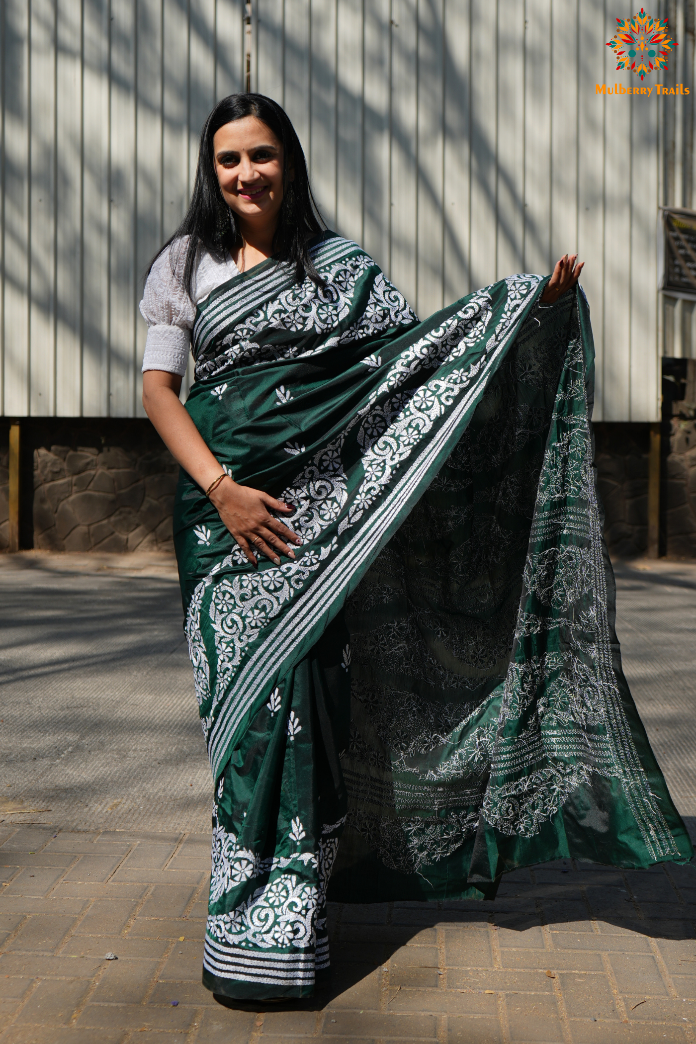 Koyna - Art Silk Kantha Embroidery Saree Green