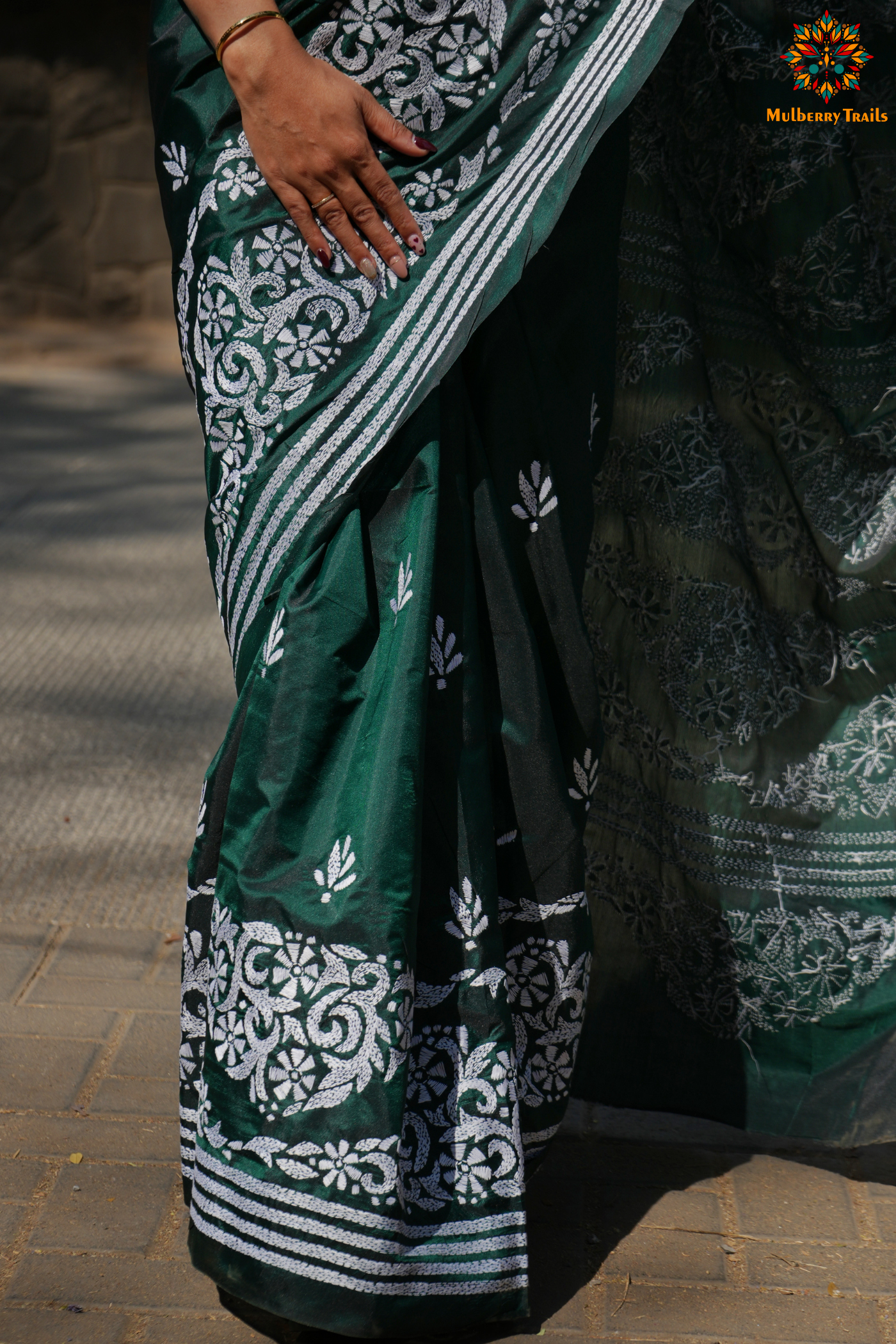 Koyna - Art Silk Kantha Embroidery Saree Green