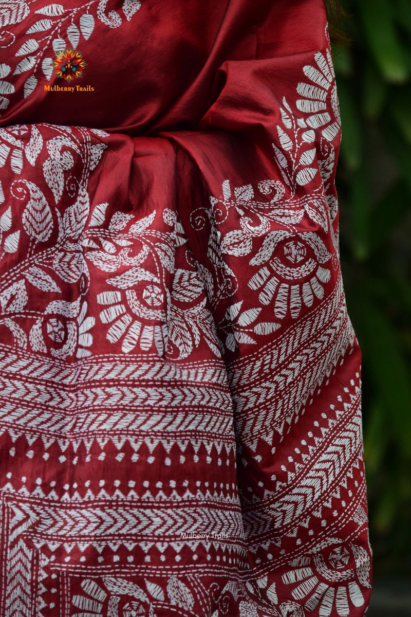 Rima - Maroon Bangalore Silk Saree with allover Floral Kantha Embroidery