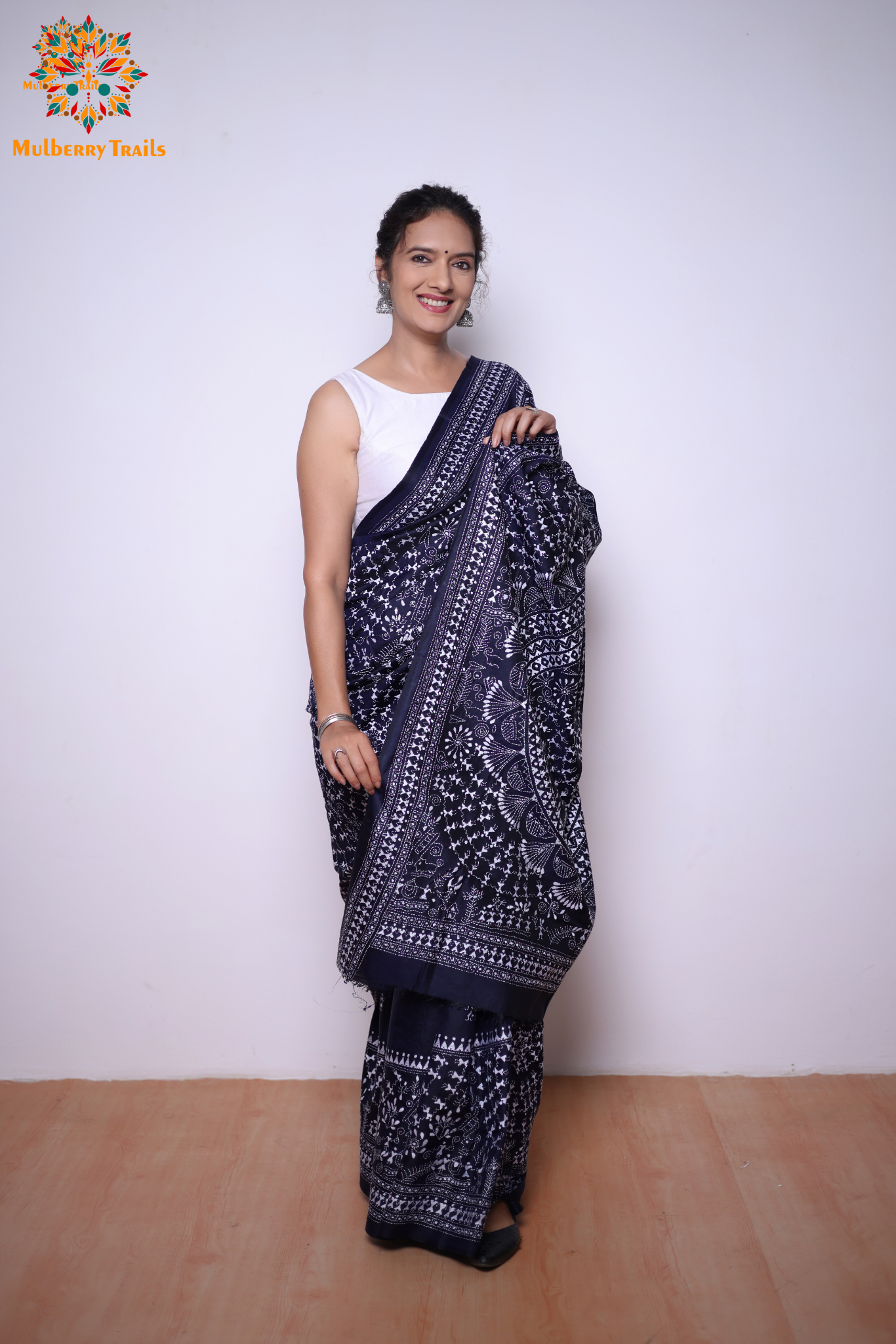 Rima - Navy Silk Saree with kantha Embroidery