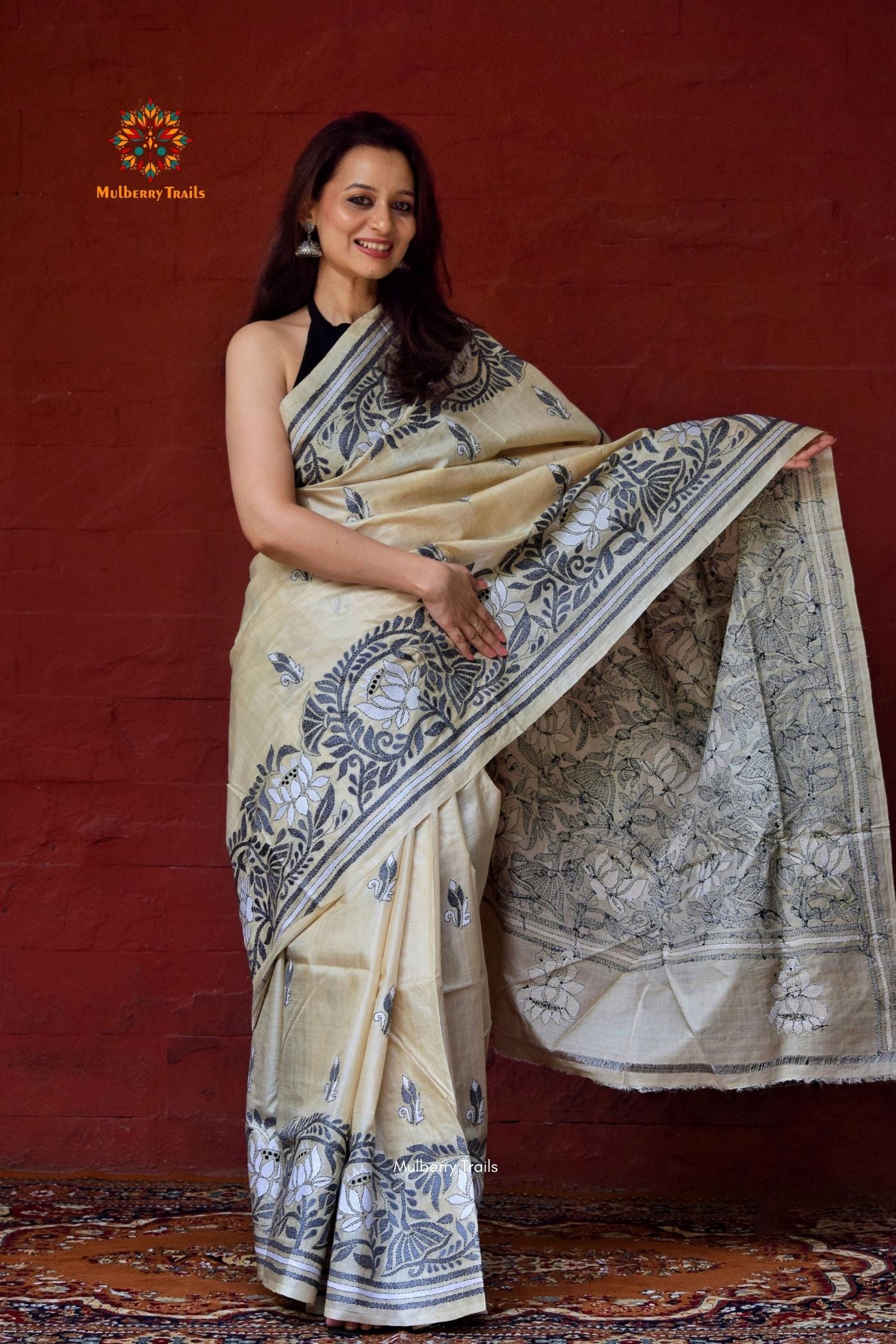 Rima - Ghhachi Tusser Silk Saree with allover Lotus motif Kantha Embroidery