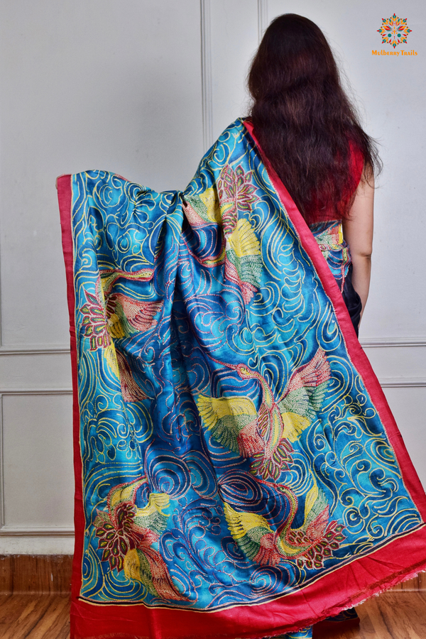 Rima - Ghhachi tusser Silk Saree with all over Kantha Embroidery