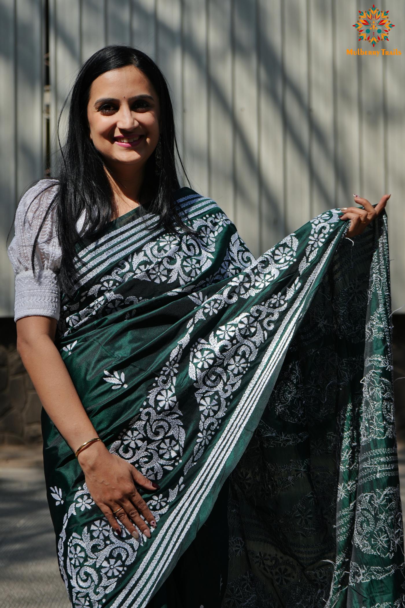 Koyna - Art Silk Kantha Embroidery Saree Green