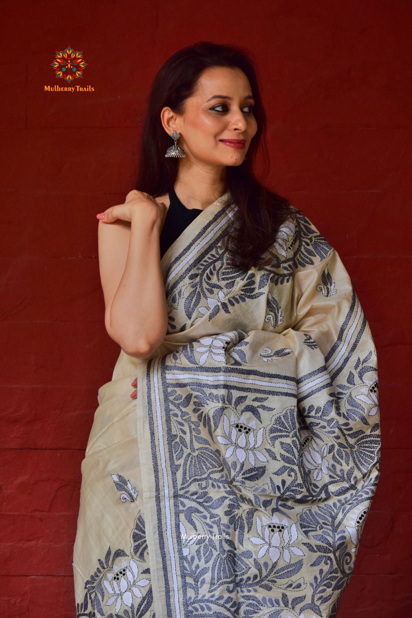 Rima - Ghhachi Tusser Silk Saree with allover Lotus motif Kantha Embroidery