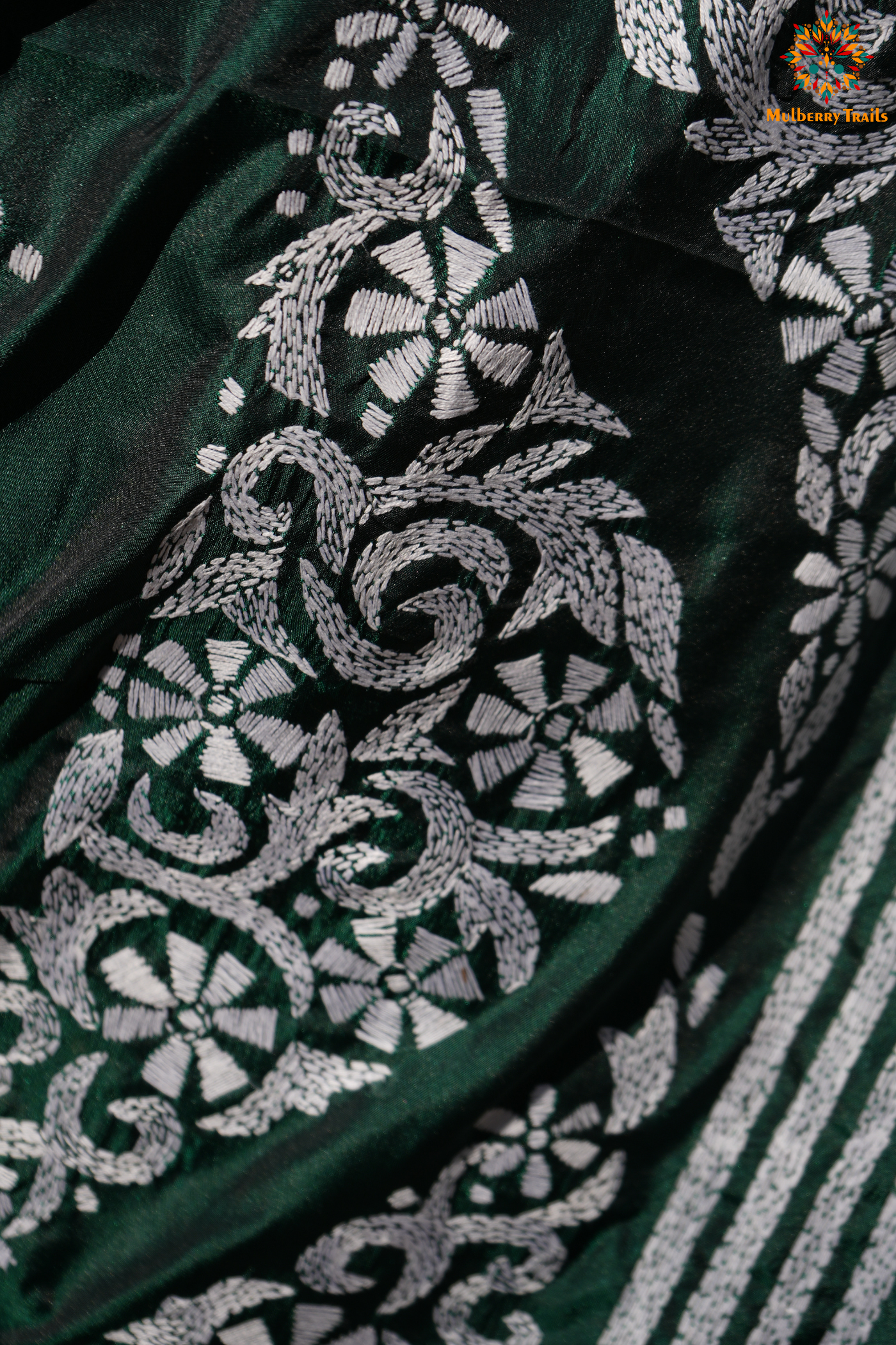 Koyna - Art Silk Kantha Embroidery Saree Green