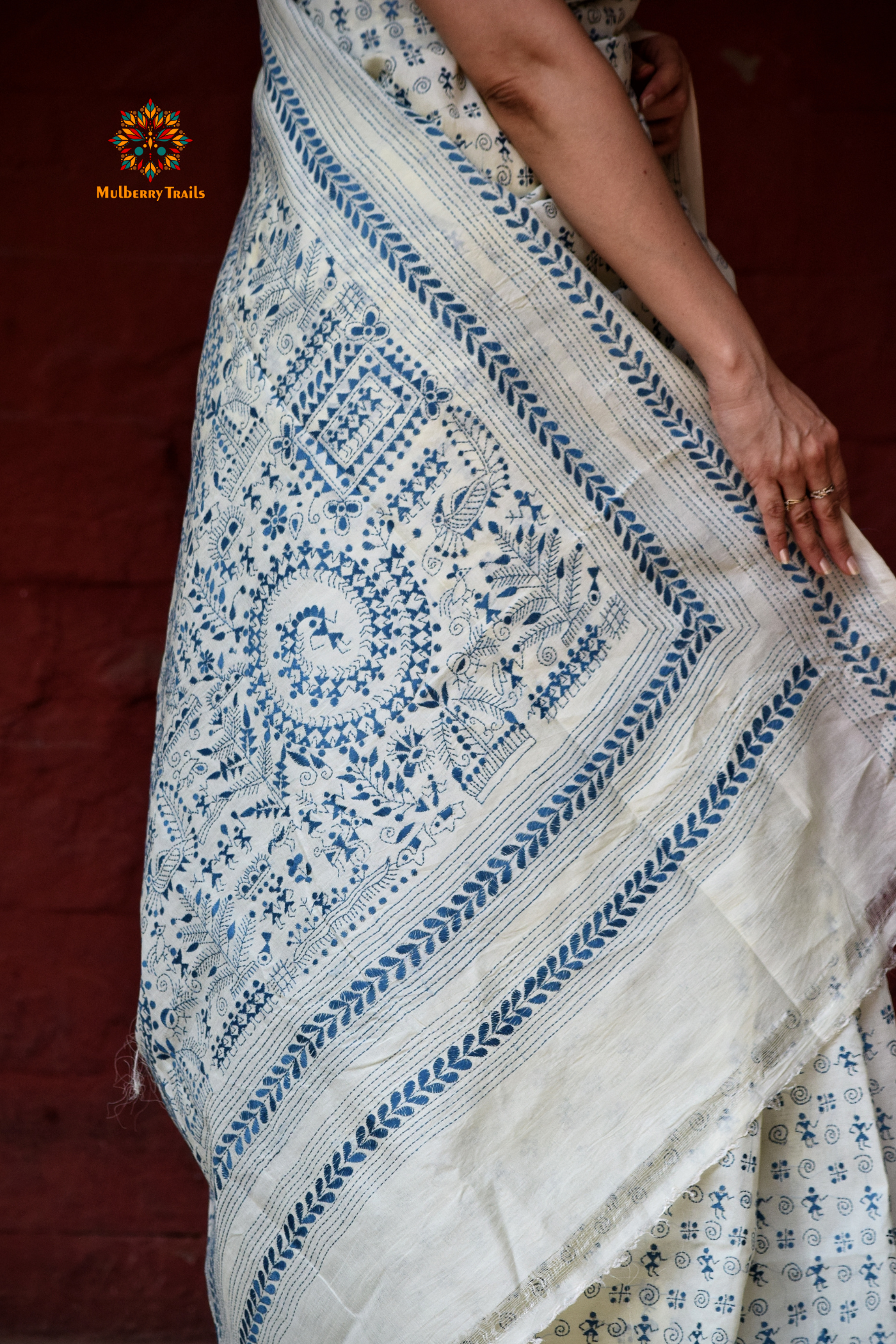 Rima - Tusser Silk Saree with Blue Warli Embroidery Saree