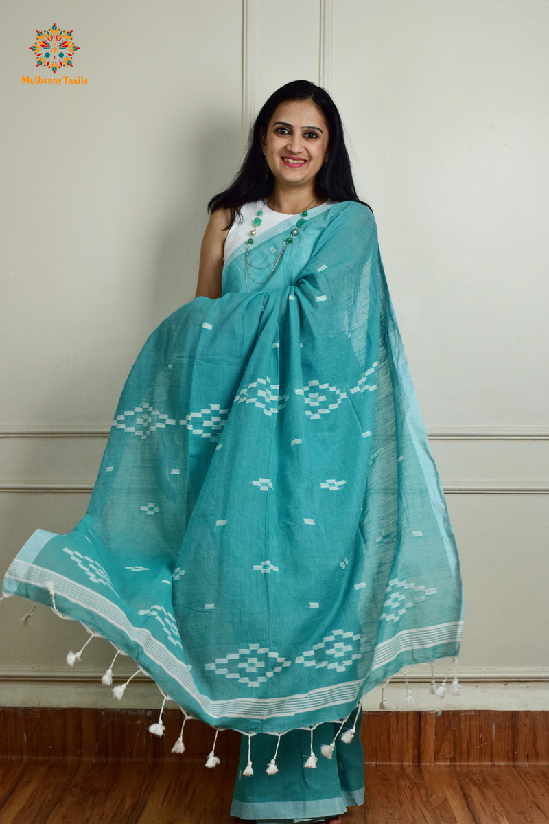 Yami: Flowy Summer Cotton Saree Sea Blue