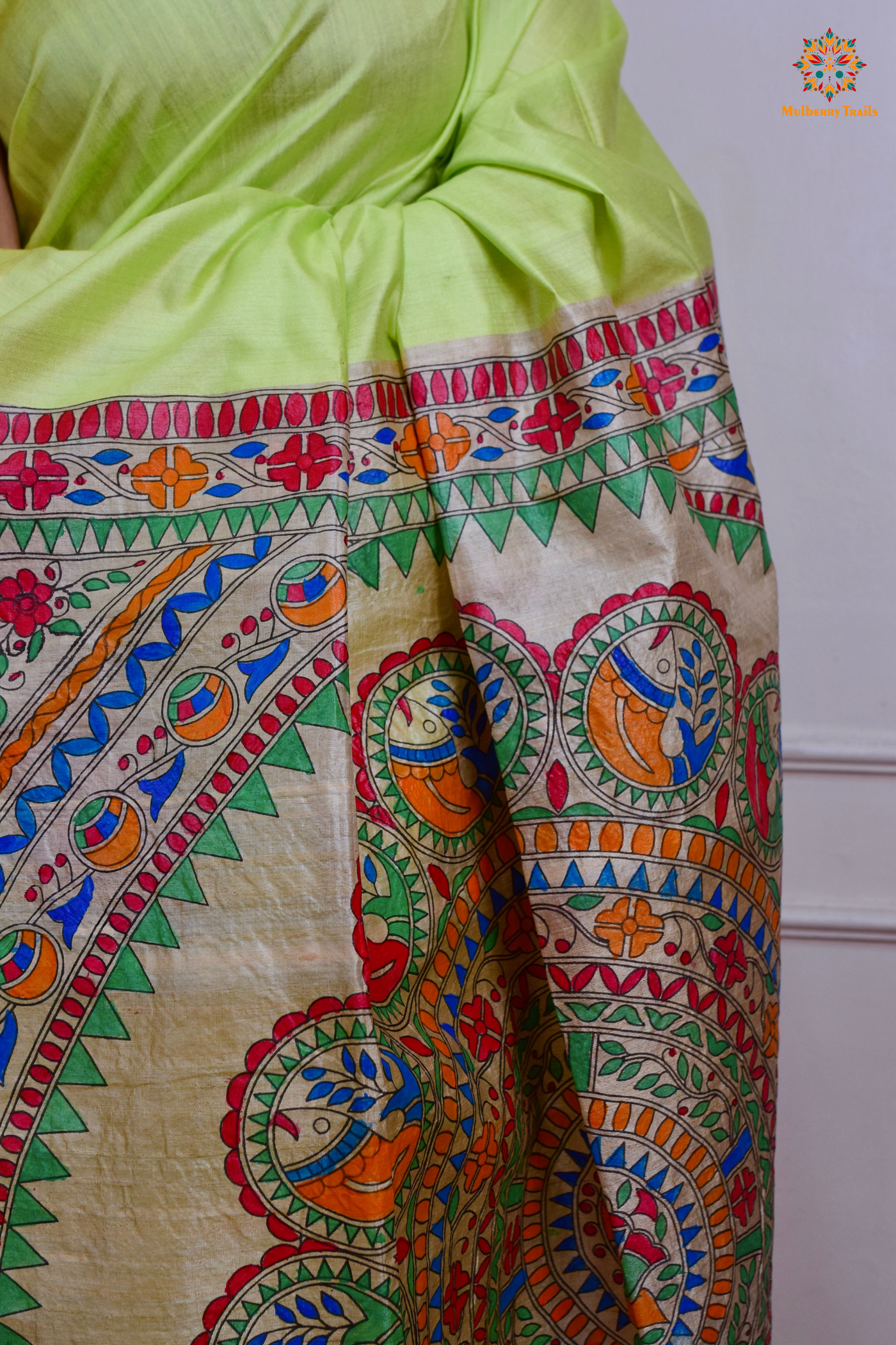 Pavani - Staple Tusser Handpainted Madhubani Saree- Lime Green