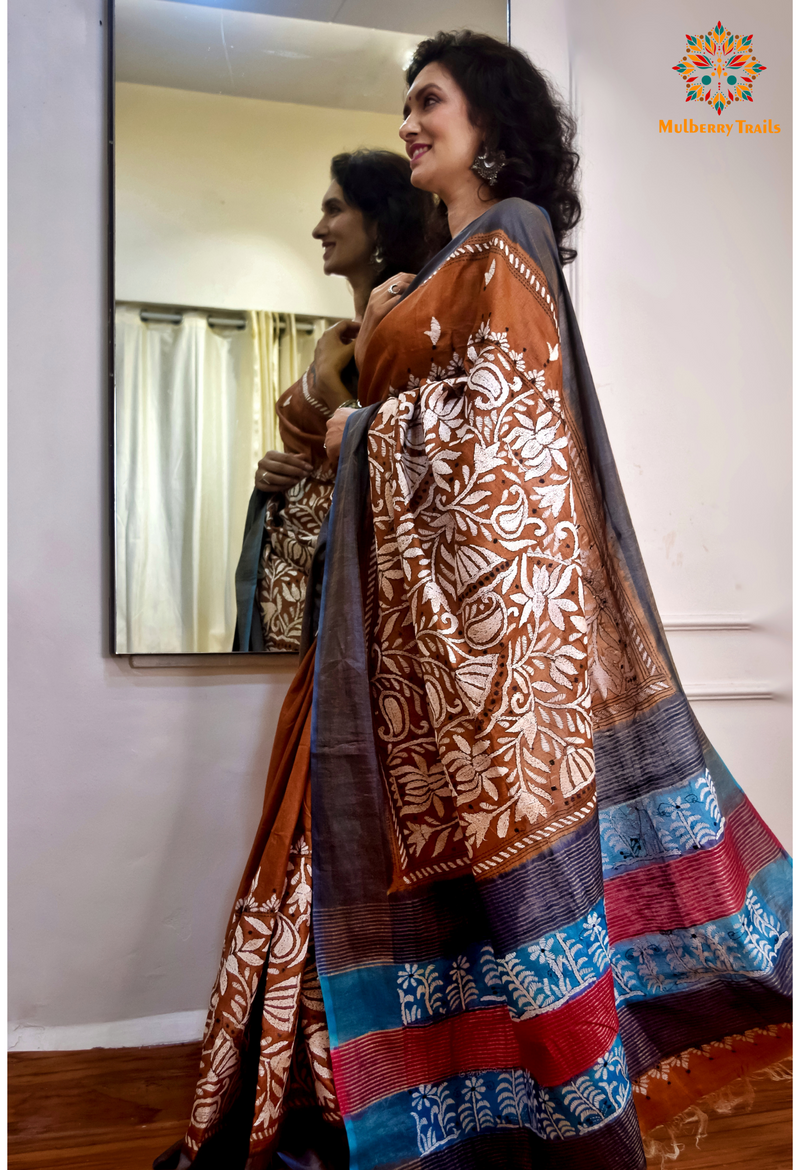 Rima - Brown Zari Border Tusser Silk Kantha Embroidery Saree