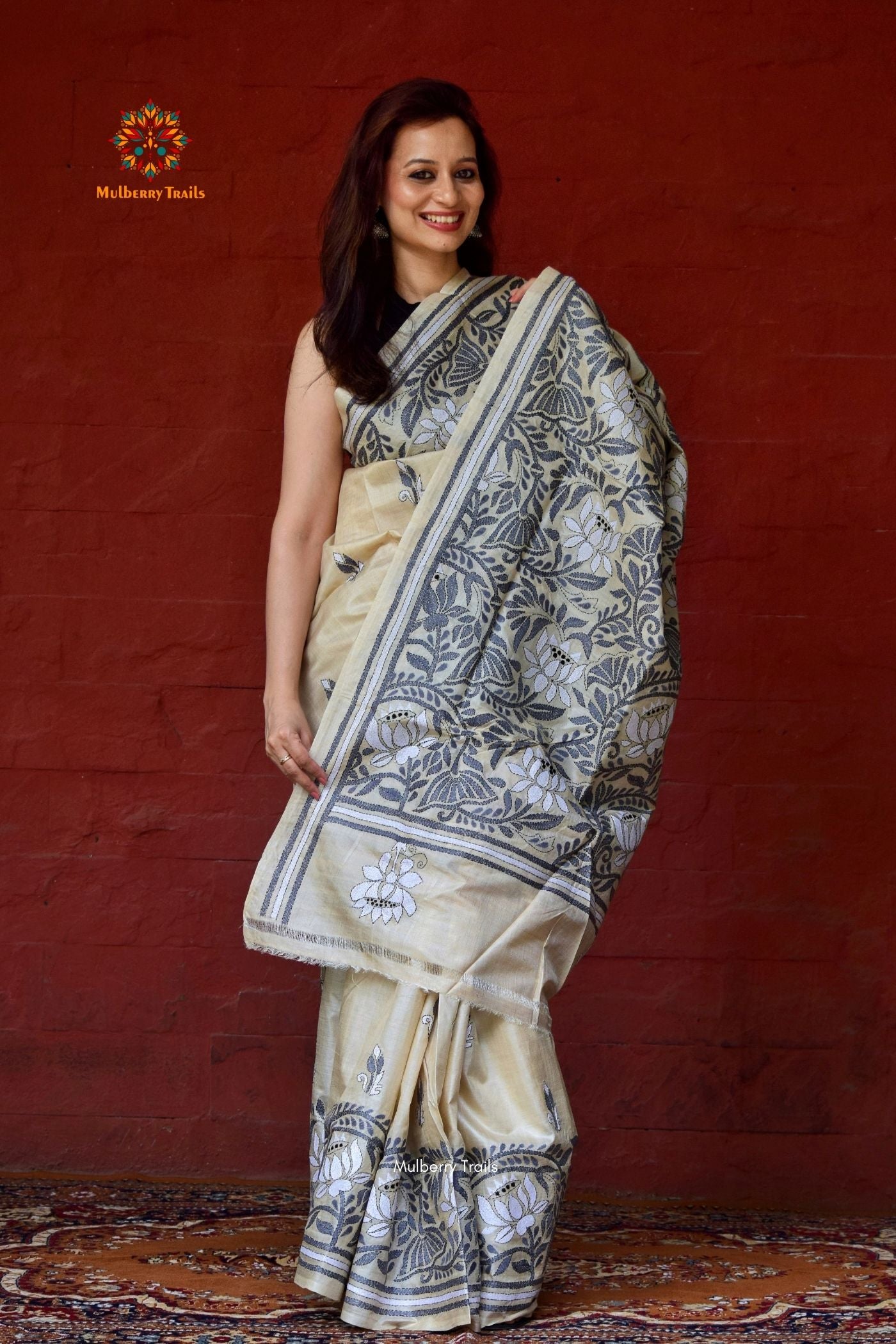 Rima - Ghhachi Tusser Silk Saree with allover Lotus motif Kantha Embroidery