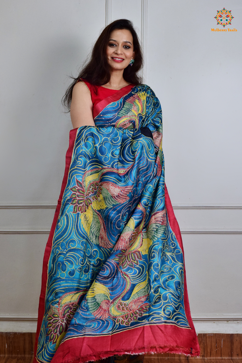 Rima - Ghhachi tusser Silk Saree with all over Kantha Embroidery