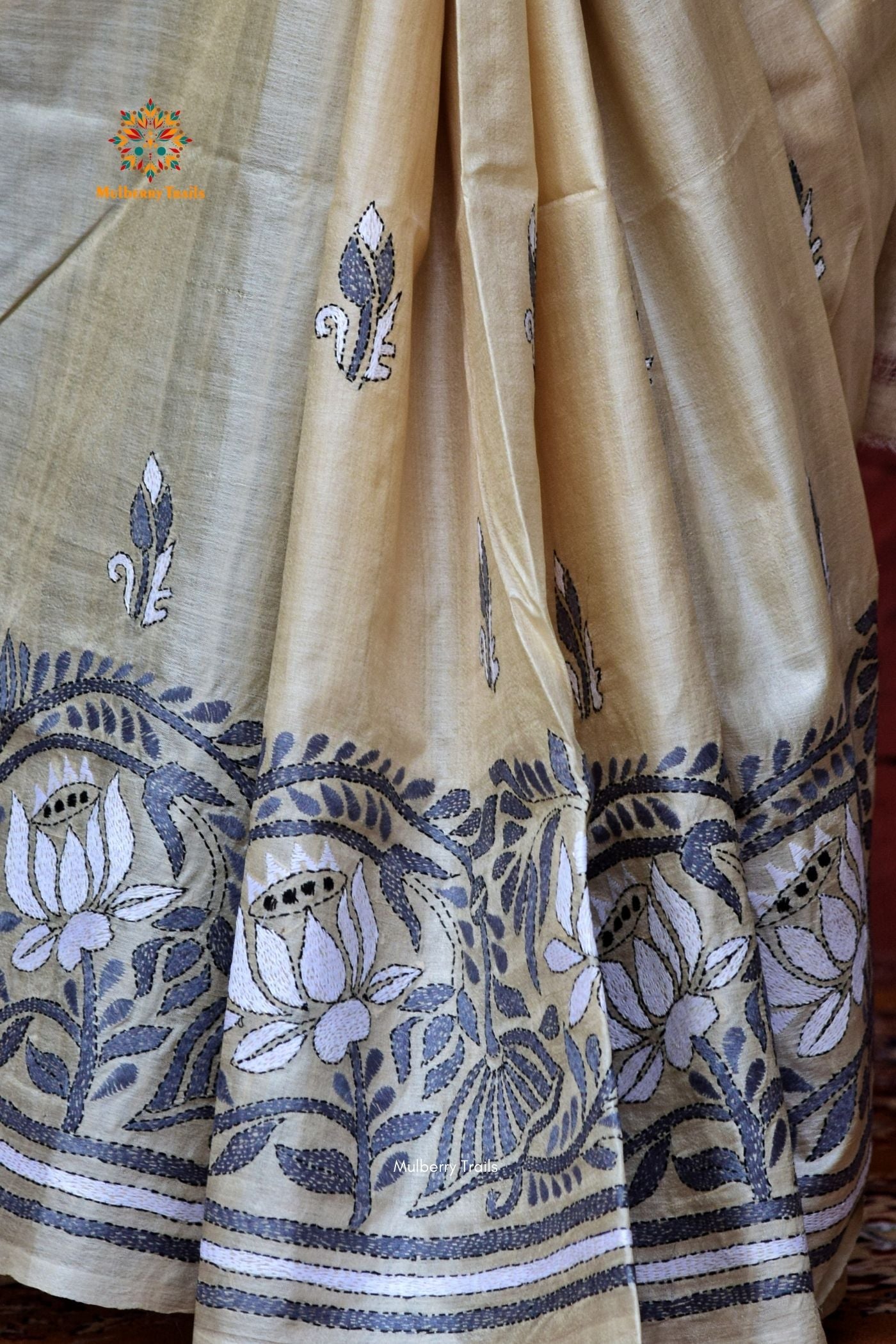 Rima - Ghhachi Tusser Silk Saree with allover Lotus motif Kantha Embroidery