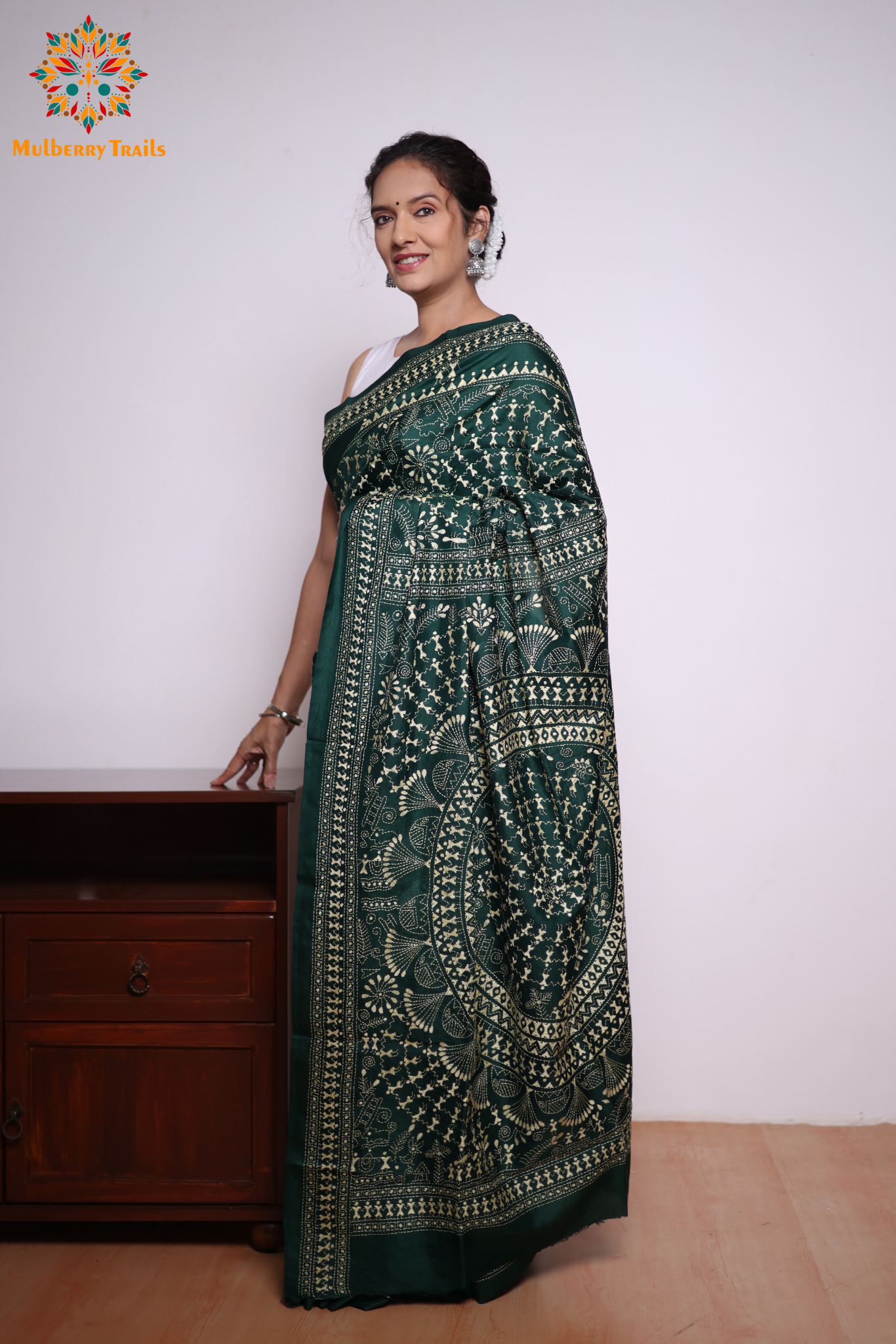 Rima - Green Silk Saree with kantha Embroidery