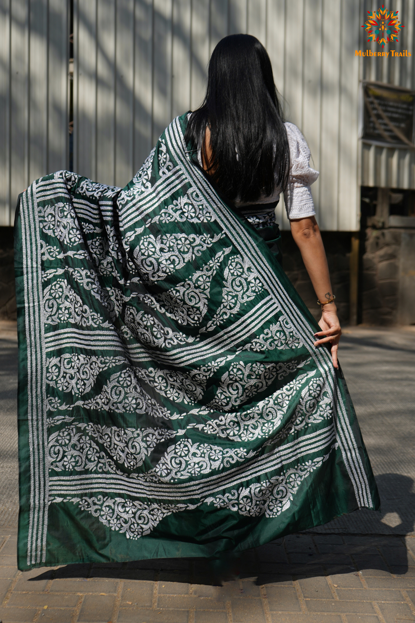 Koyna - Art Silk Kantha Embroidery Saree Green