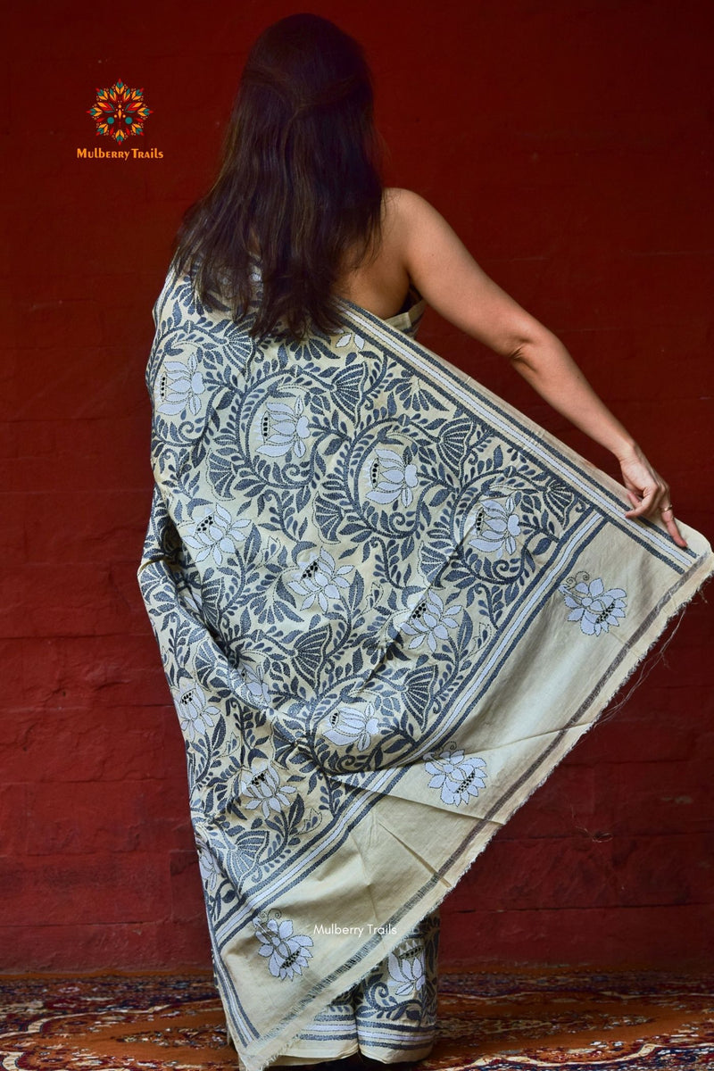 Rima - Ghhachi Tusser Silk Saree with allover Lotus motif Kantha Embroidery