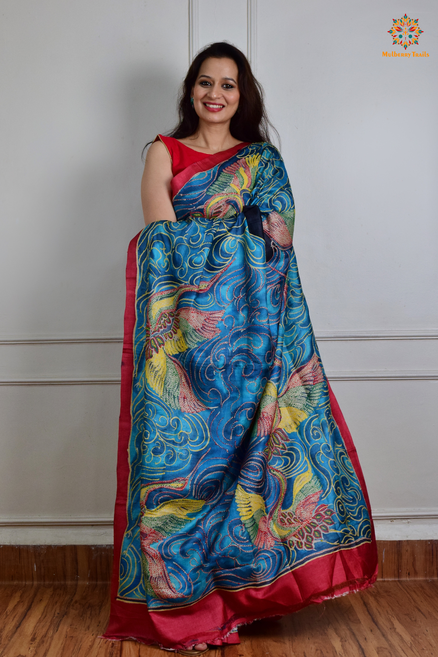 Rima - Ghhachi tusser Silk Saree with all over Kantha Embroidery