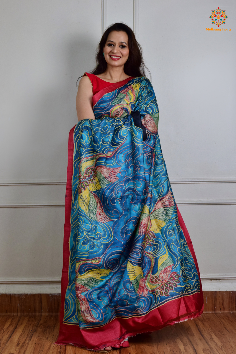 Rima - Ghhachi tusser Silk Saree with all over Kantha Embroidery