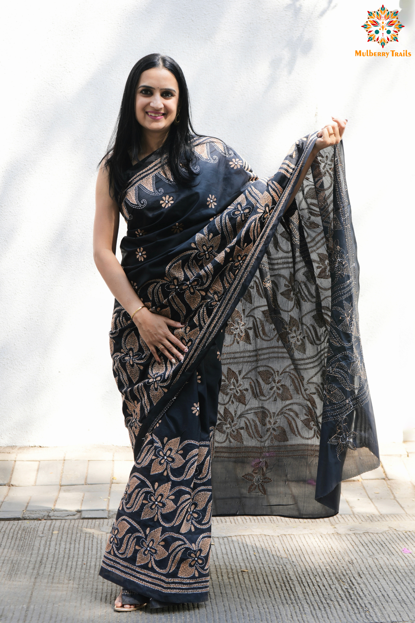 Koyna - Art Silk Kantha Embroidery Saree Black