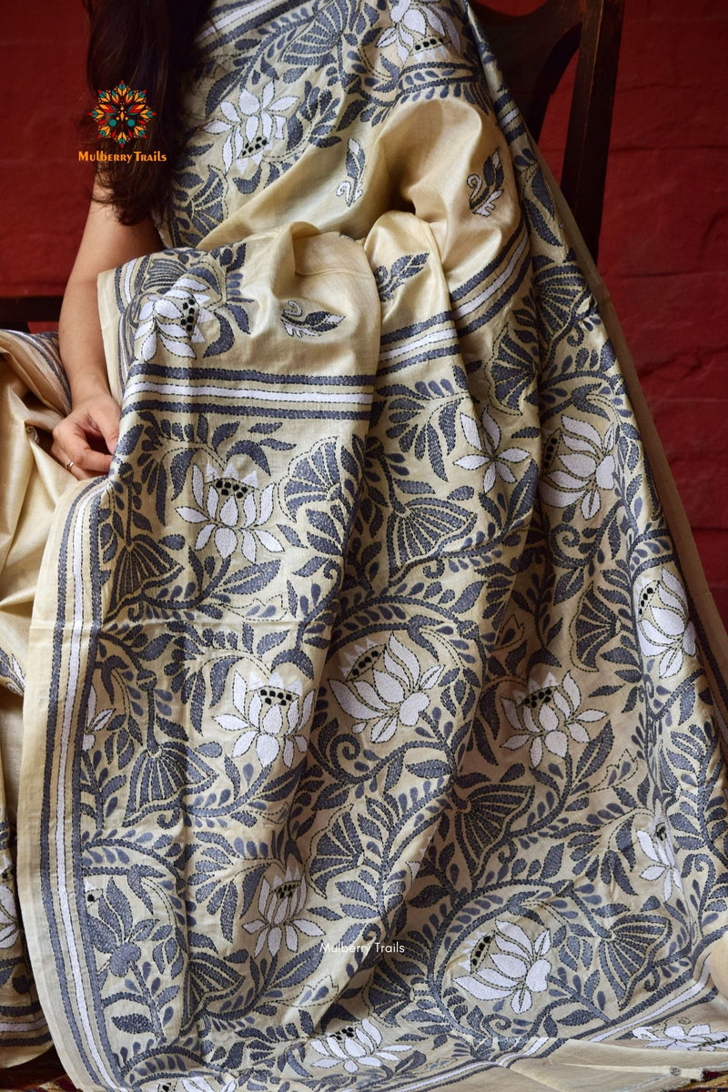 Rima - Ghhachi Tusser Silk Saree with allover Lotus motif Kantha Embroidery