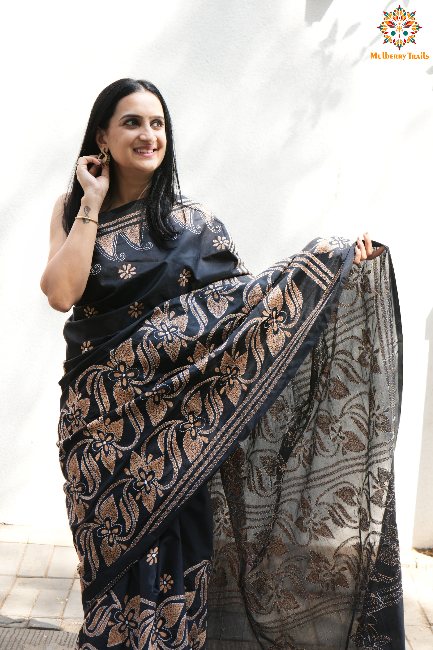 Koyna - Art Silk Kantha Embroidery Saree Black